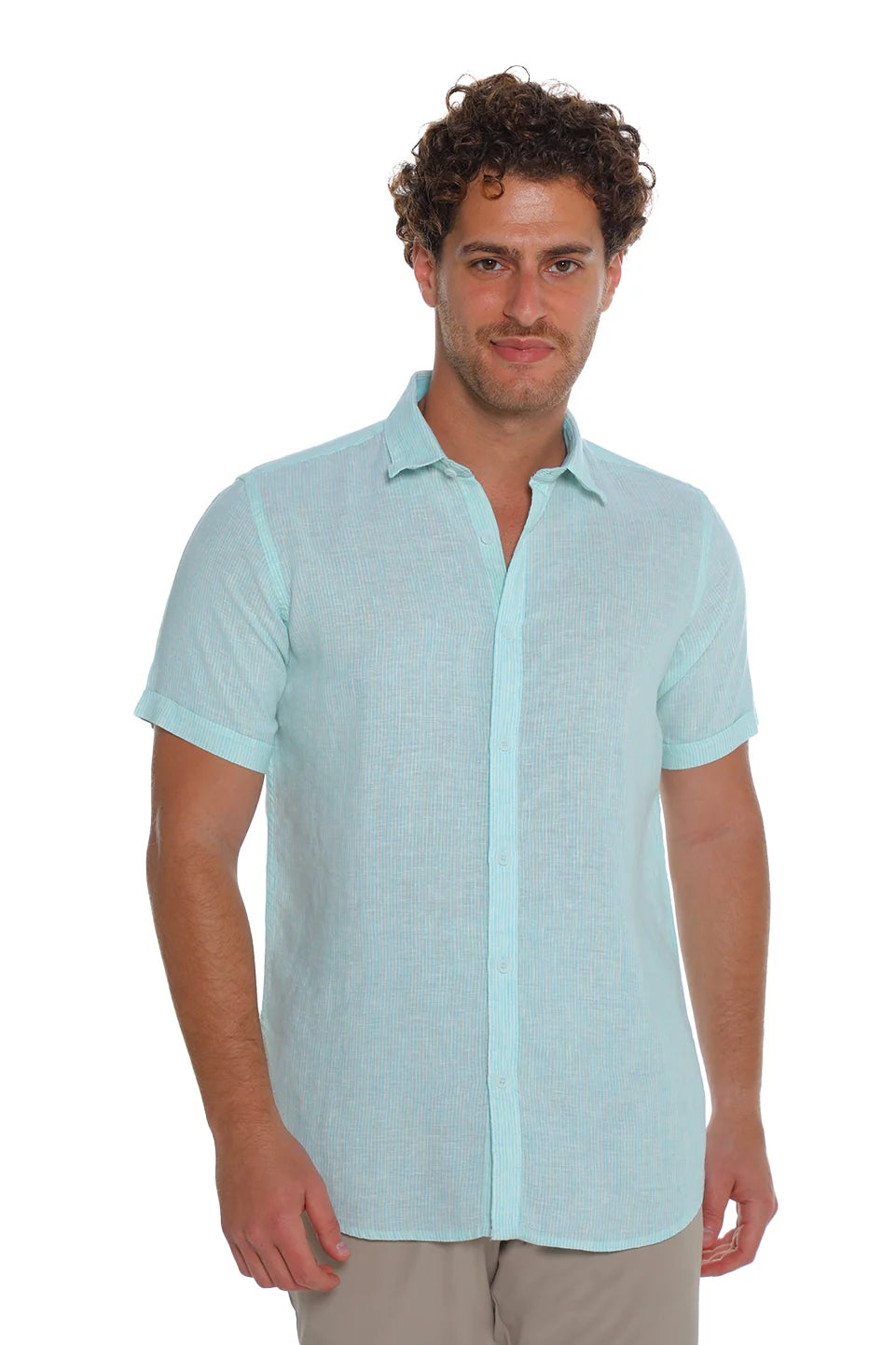Short Sleeved Aqua Linen Shirt