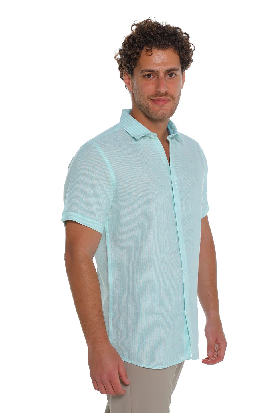 Short Sleeved Aqua Linen Shirt