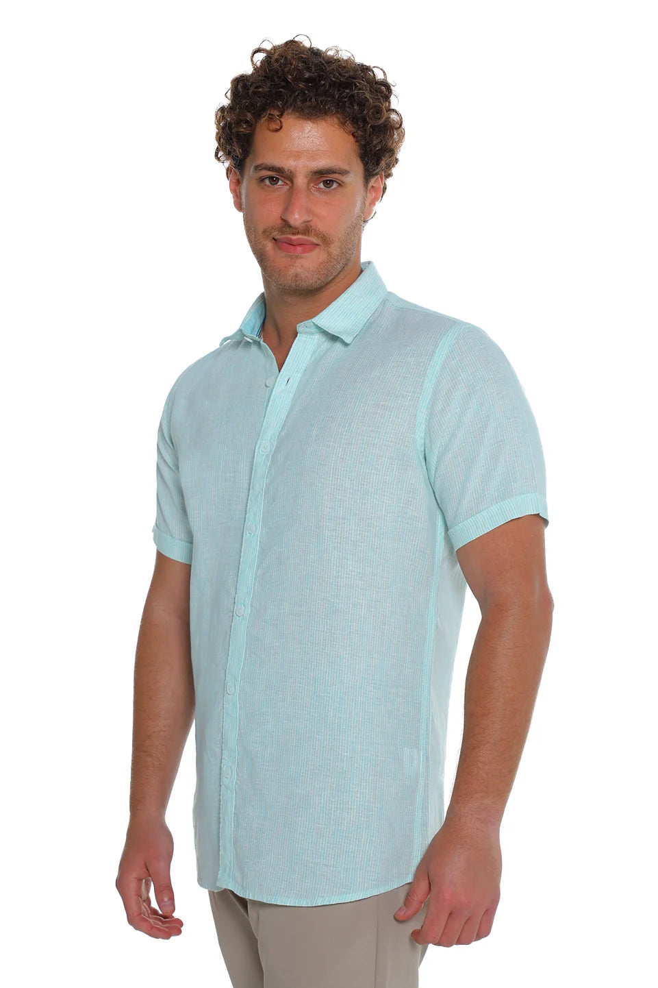 Short Sleeved Aqua Linen Shirt