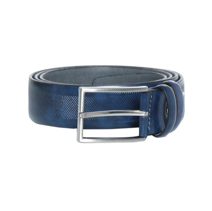Navy Leather Belt With Silver Buckle
