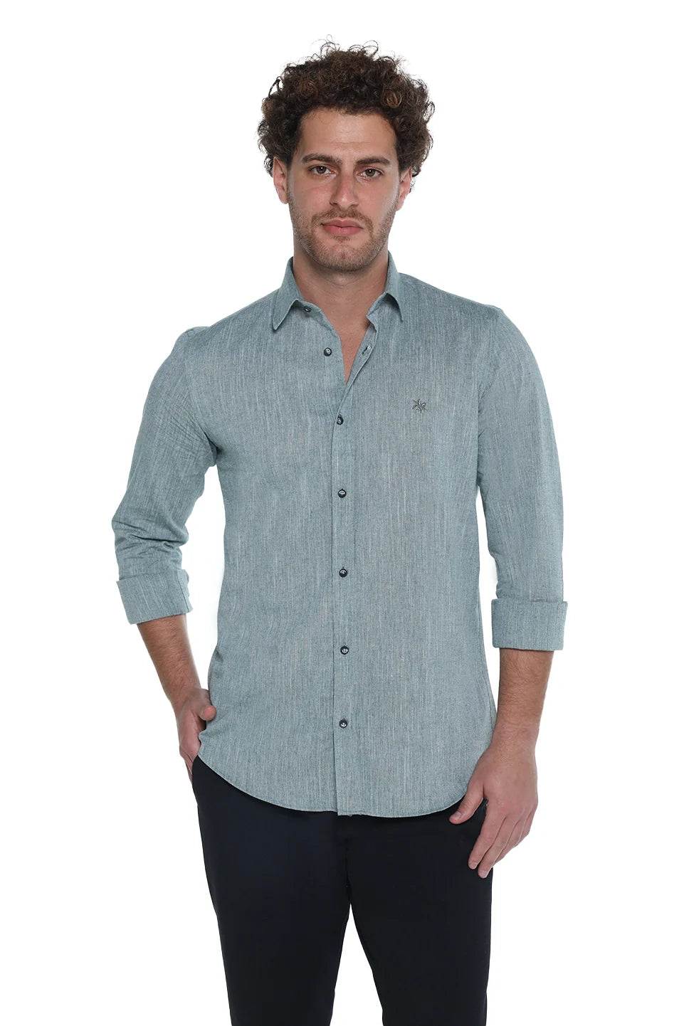 Slim Fit Long Sleeved Olive Shirt