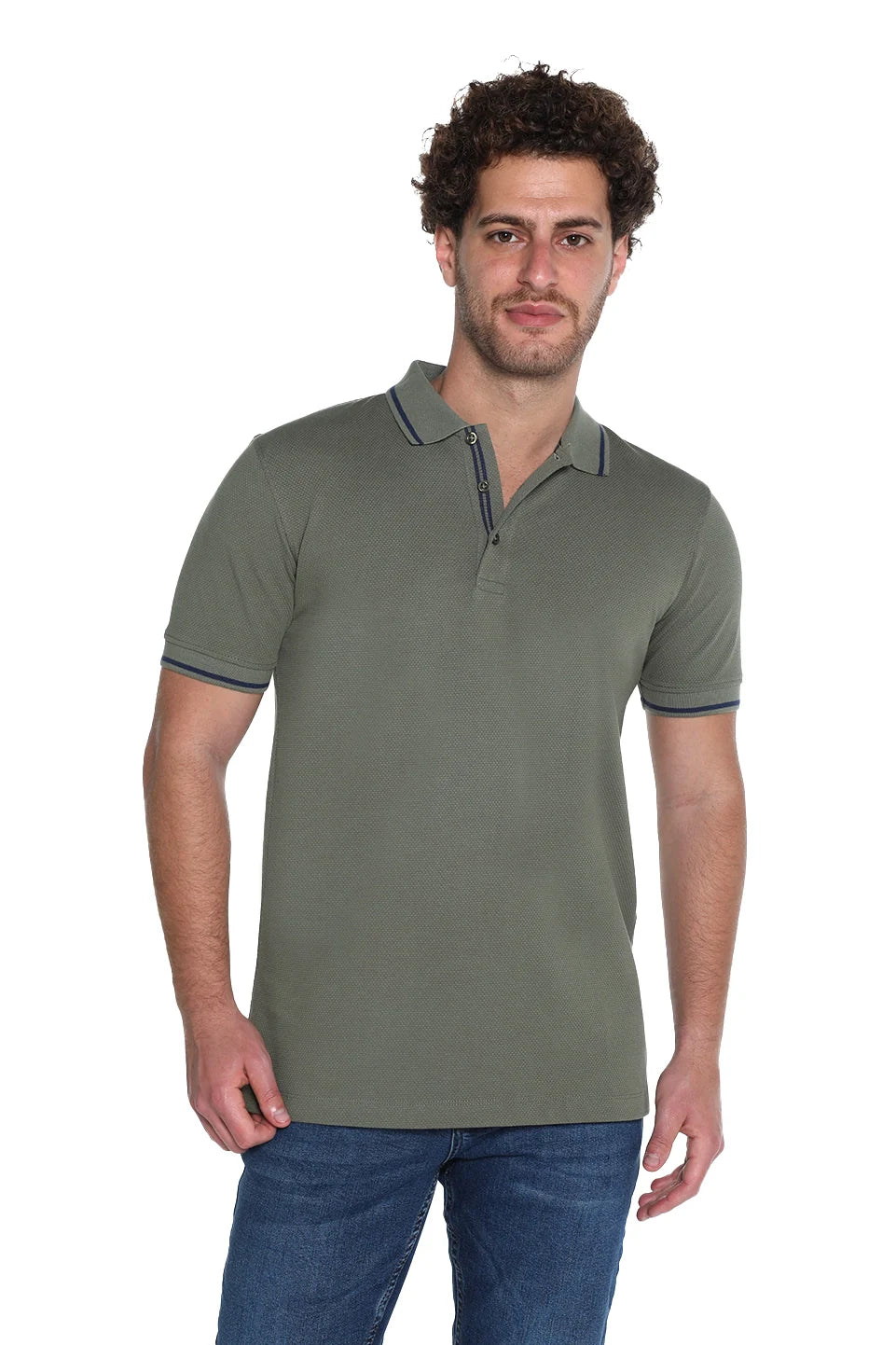 Short Sleeved Green Polo With Stripe Shoulder