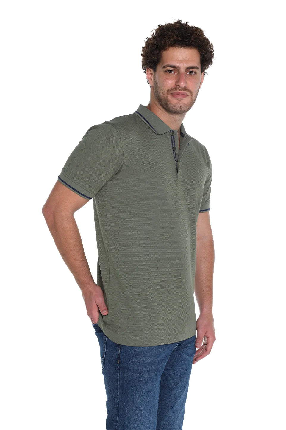 Short Sleeved Green Polo With Stripe Shoulder
