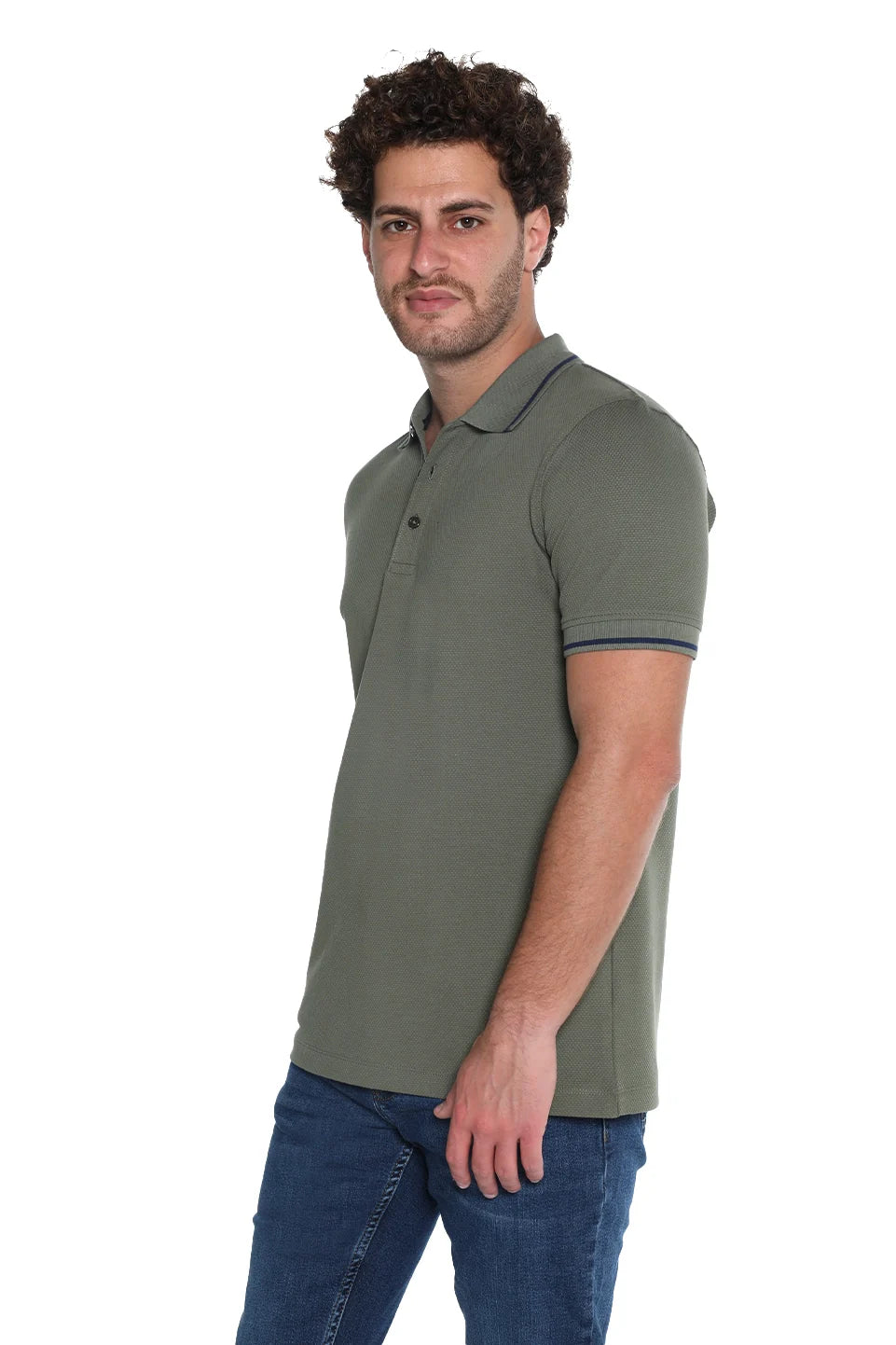 Short Sleeved Green Polo With Stripe Shoulder