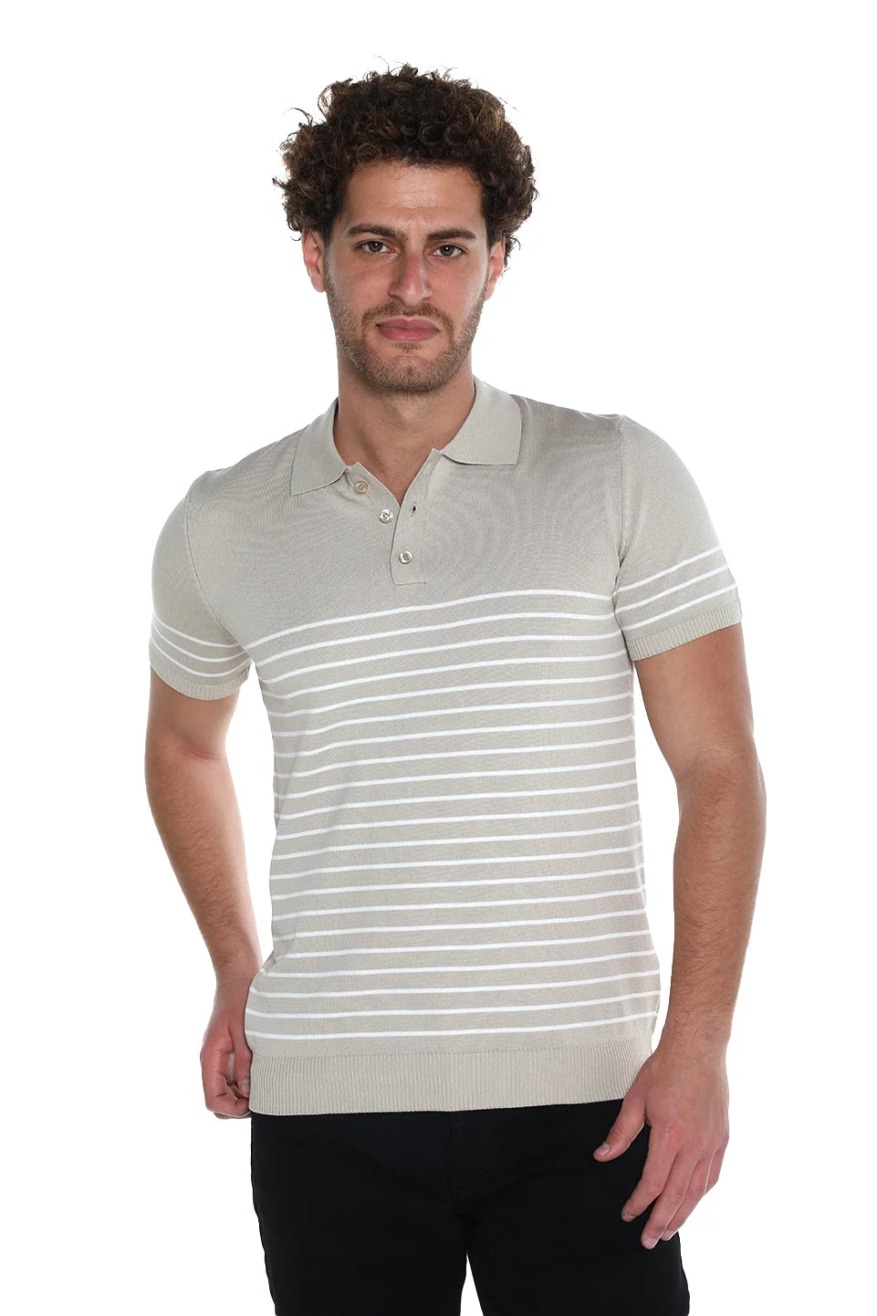 Beige Short Sleeved Polo With Striped Design