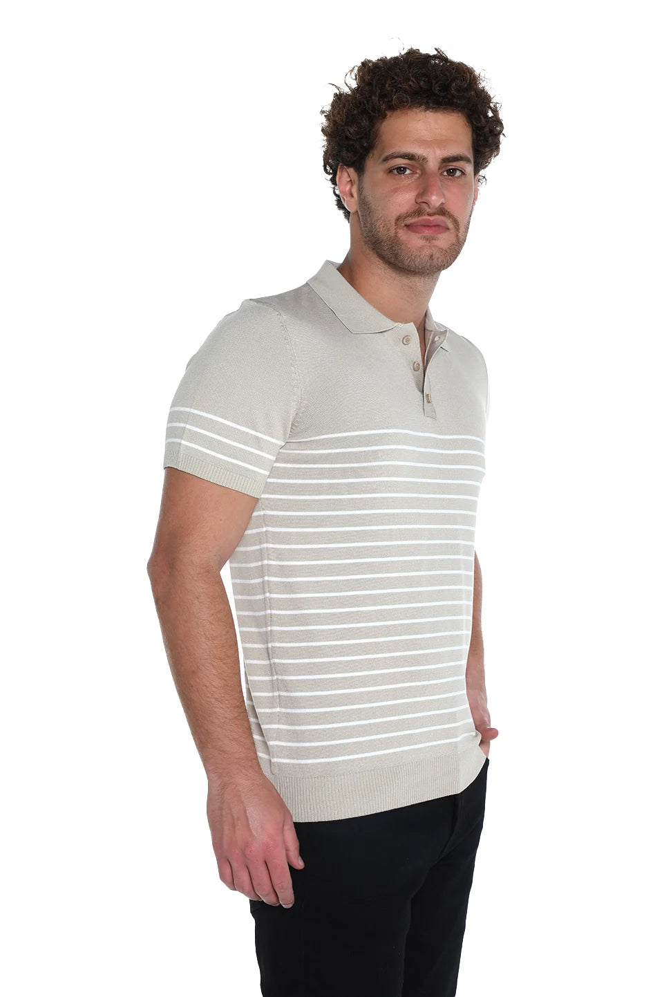 Beige Short Sleeved Polo With Striped Design