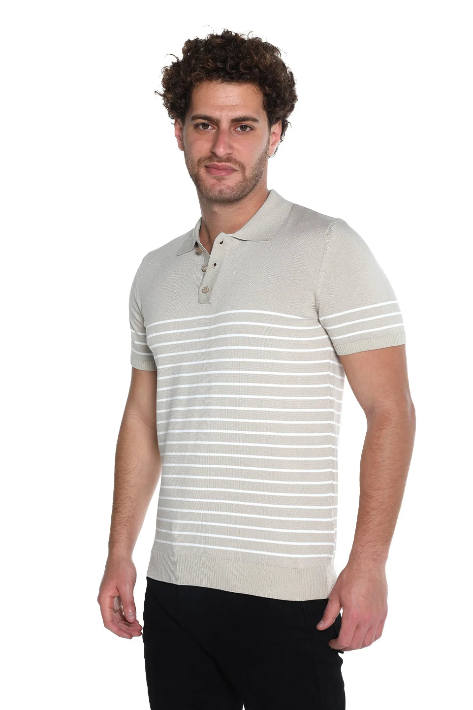 Beige Short Sleeved Polo With Striped Design
