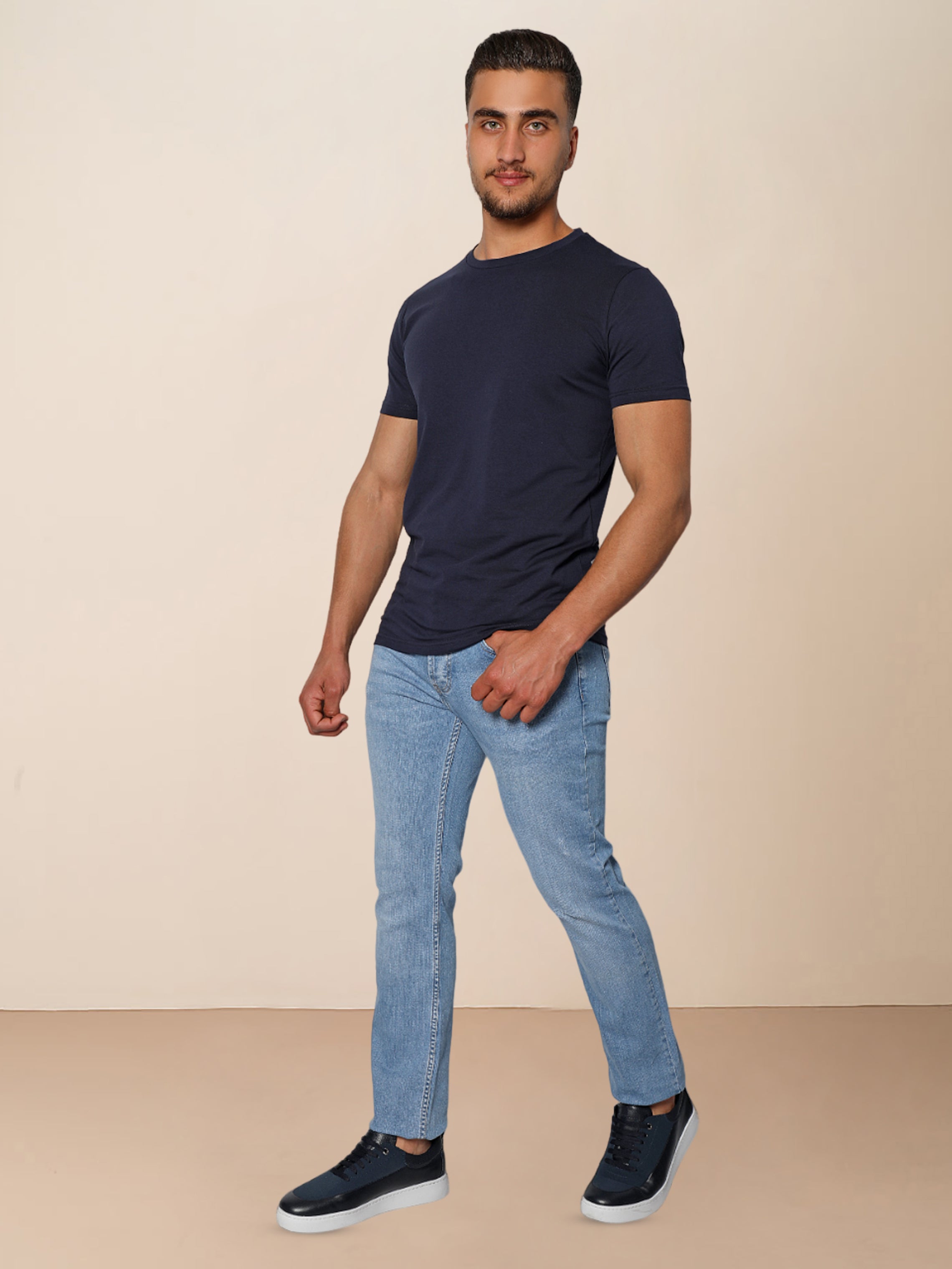 Men Light Blue Slim Straight Casual Denim Jeans