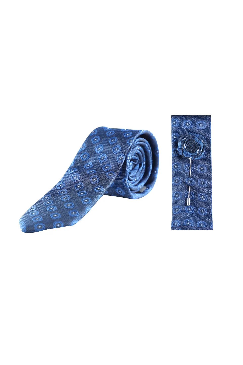 Blue Tie With Matching Floral Lapel Pin Set