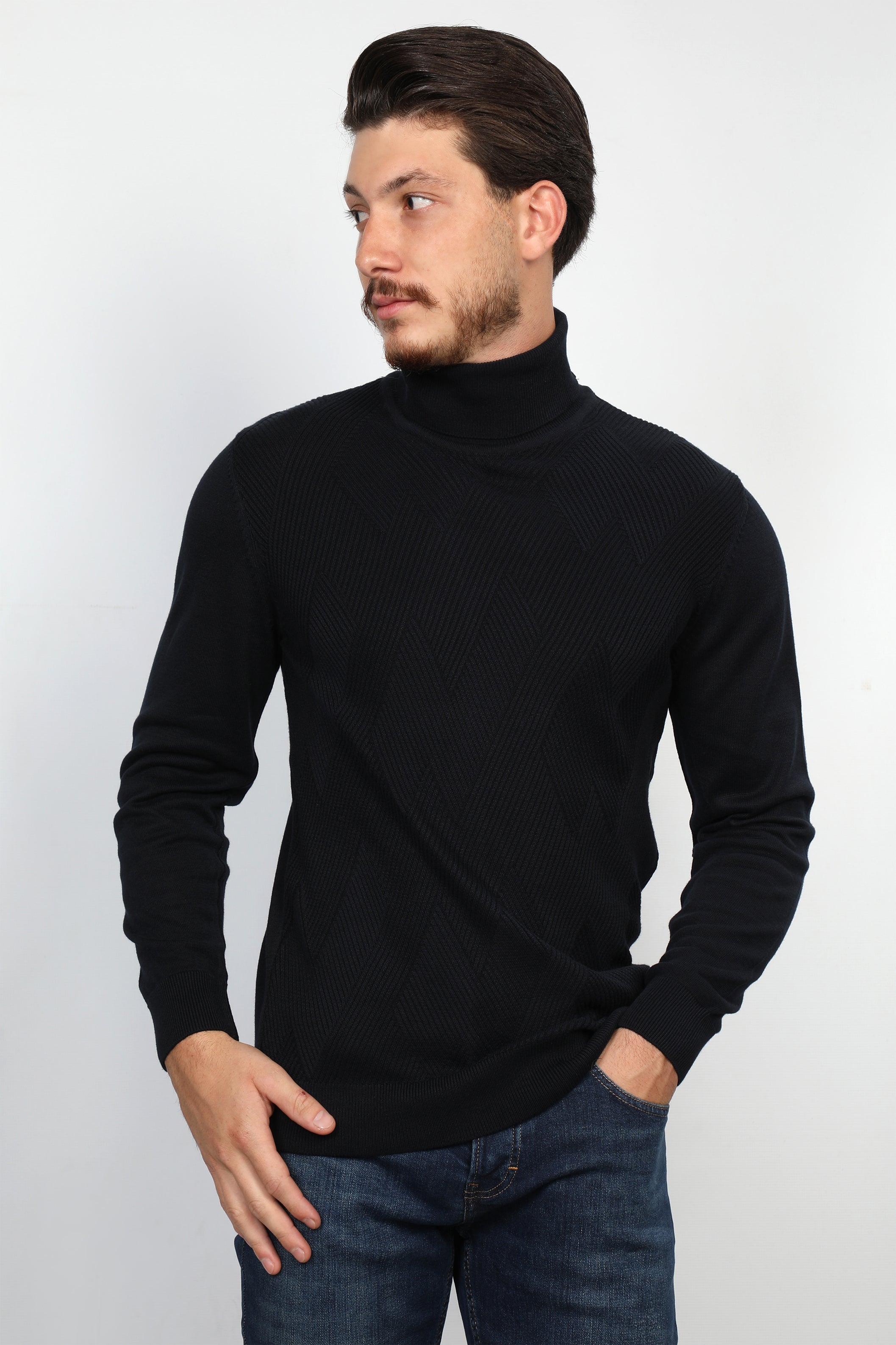 Men Classy Navy Turtle Neck Patterned Sweater