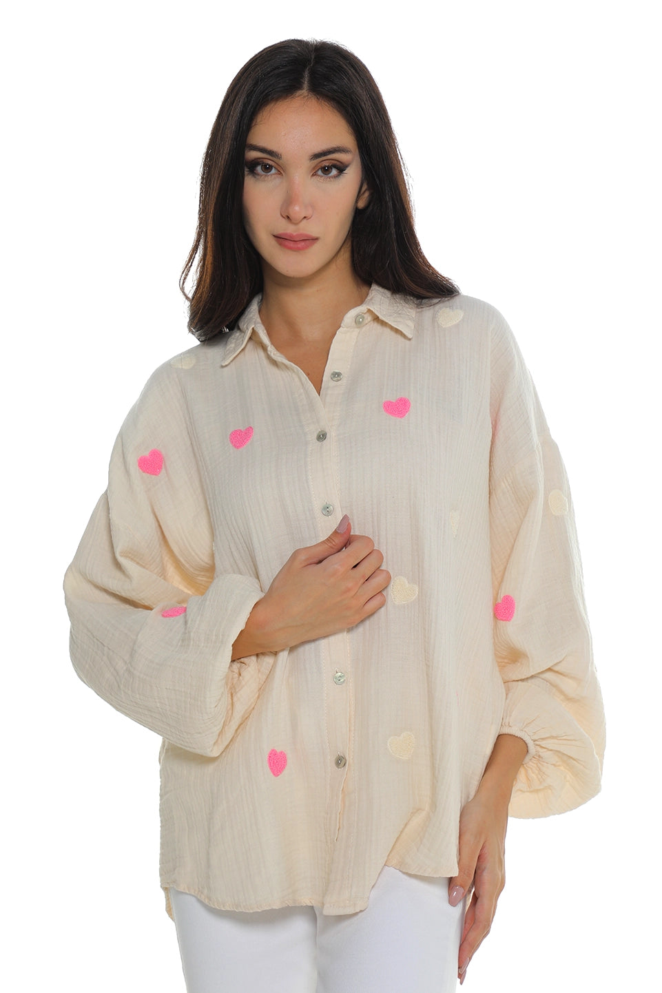 Long Sleeved Beige Shirt With Heart Design