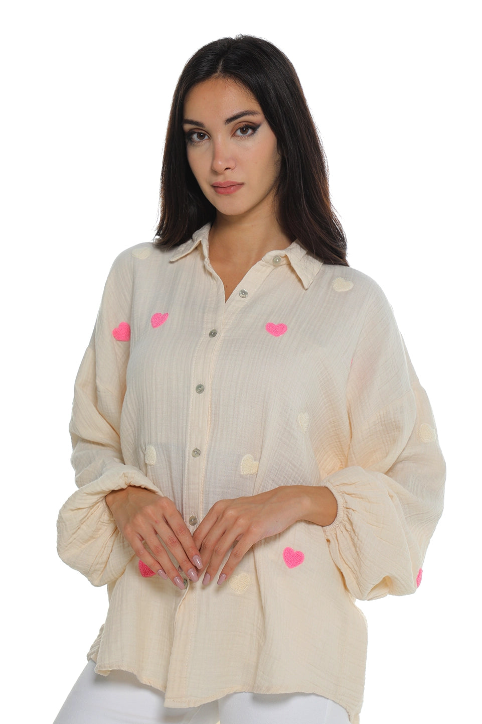 Long Sleeved Beige Shirt With Heart Design