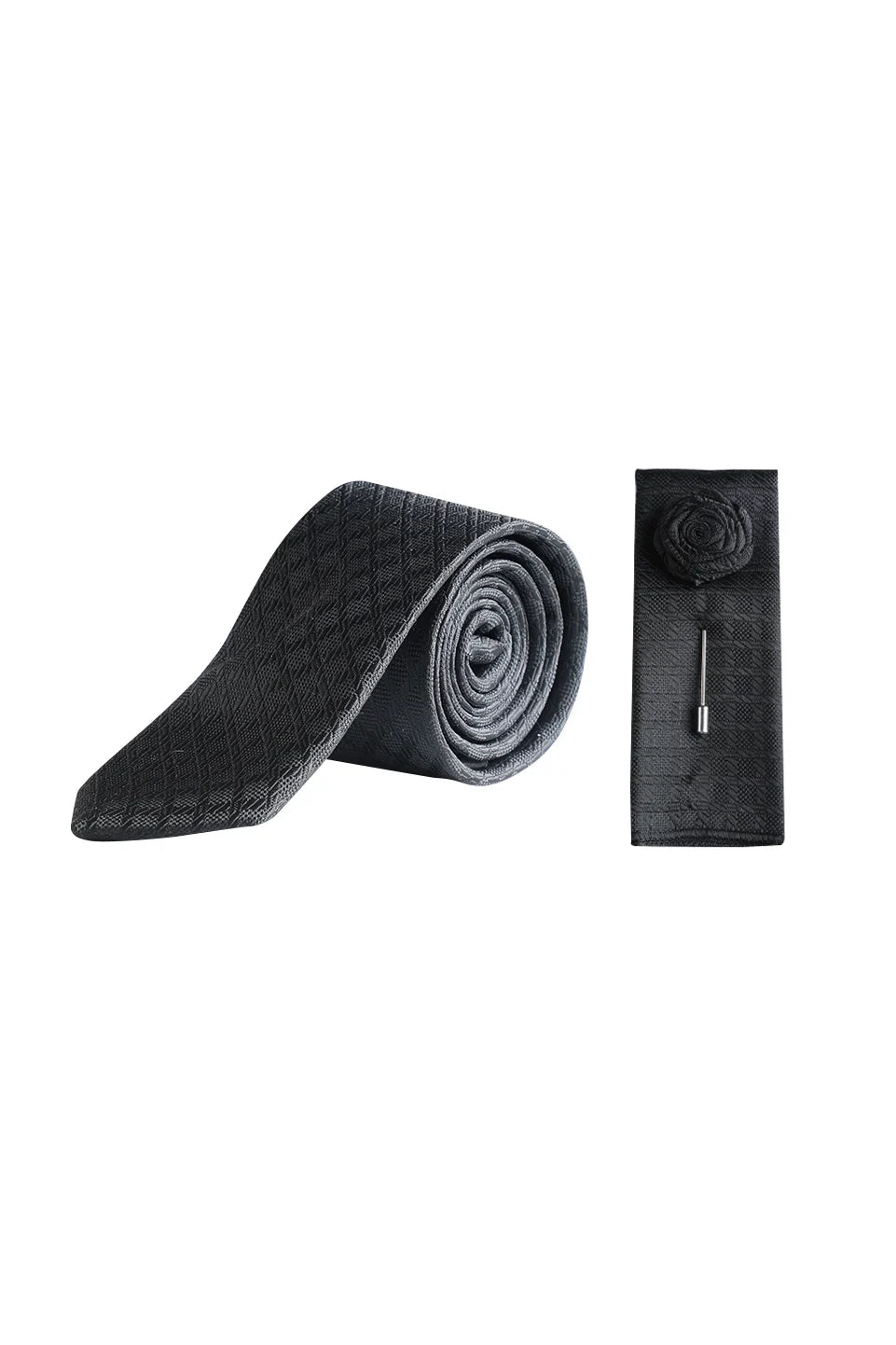 Black Classic Tie With Matching Floral Lapel Pin Set