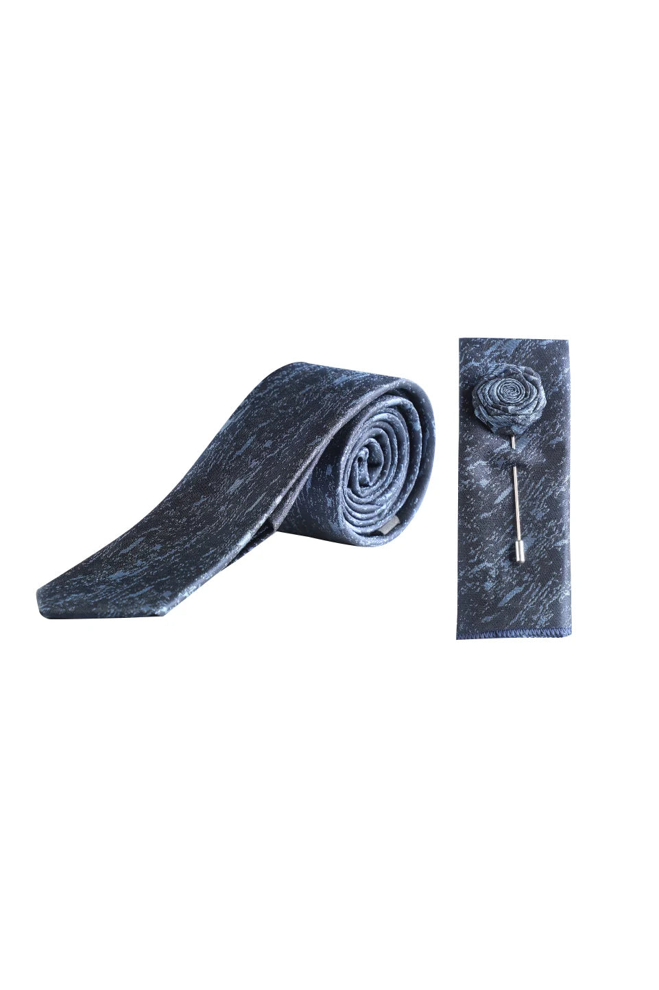 Dark Blue Tie With Matching Floral Lapel Pin Set