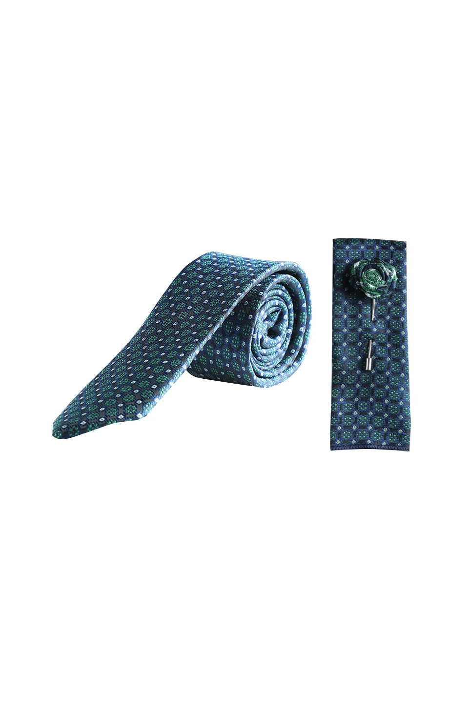 Green Classic Tie With Matching Floral Lapel Pin Set