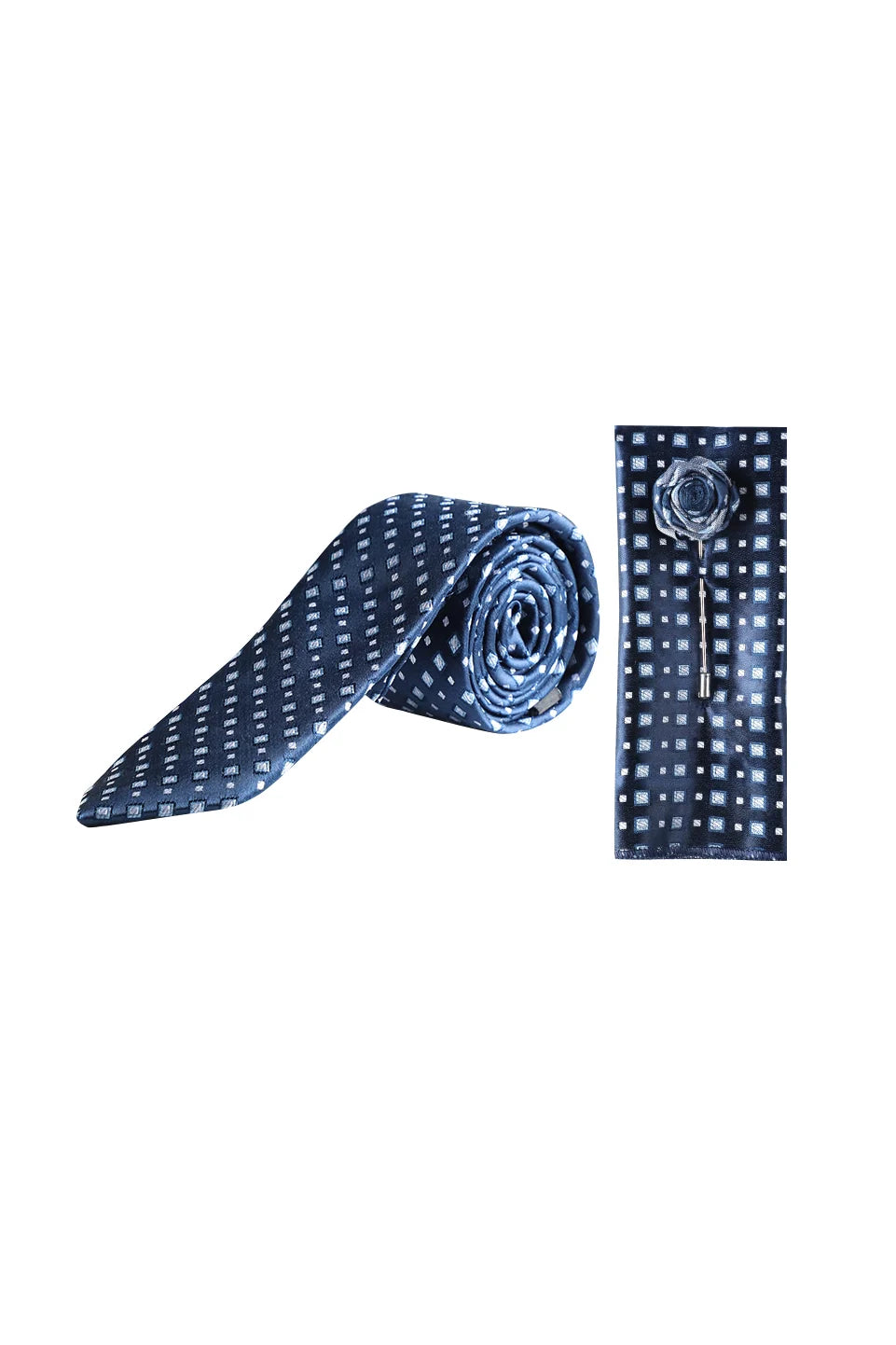 Navy Blue Tie With Matching Floral Lapel Pin Set