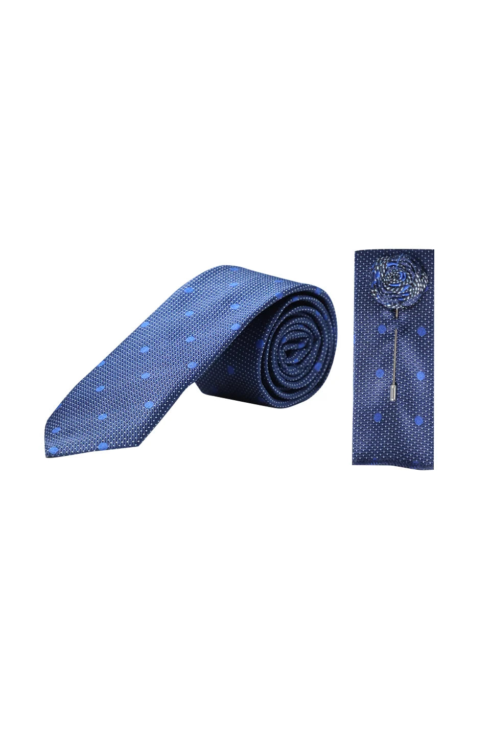 Blue Dotted Tie With Matching Floral Lapel Pin Set