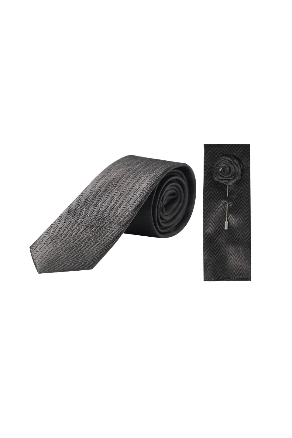 Dark Brown Classic Tie With Matching Floral Lapel Pin Set