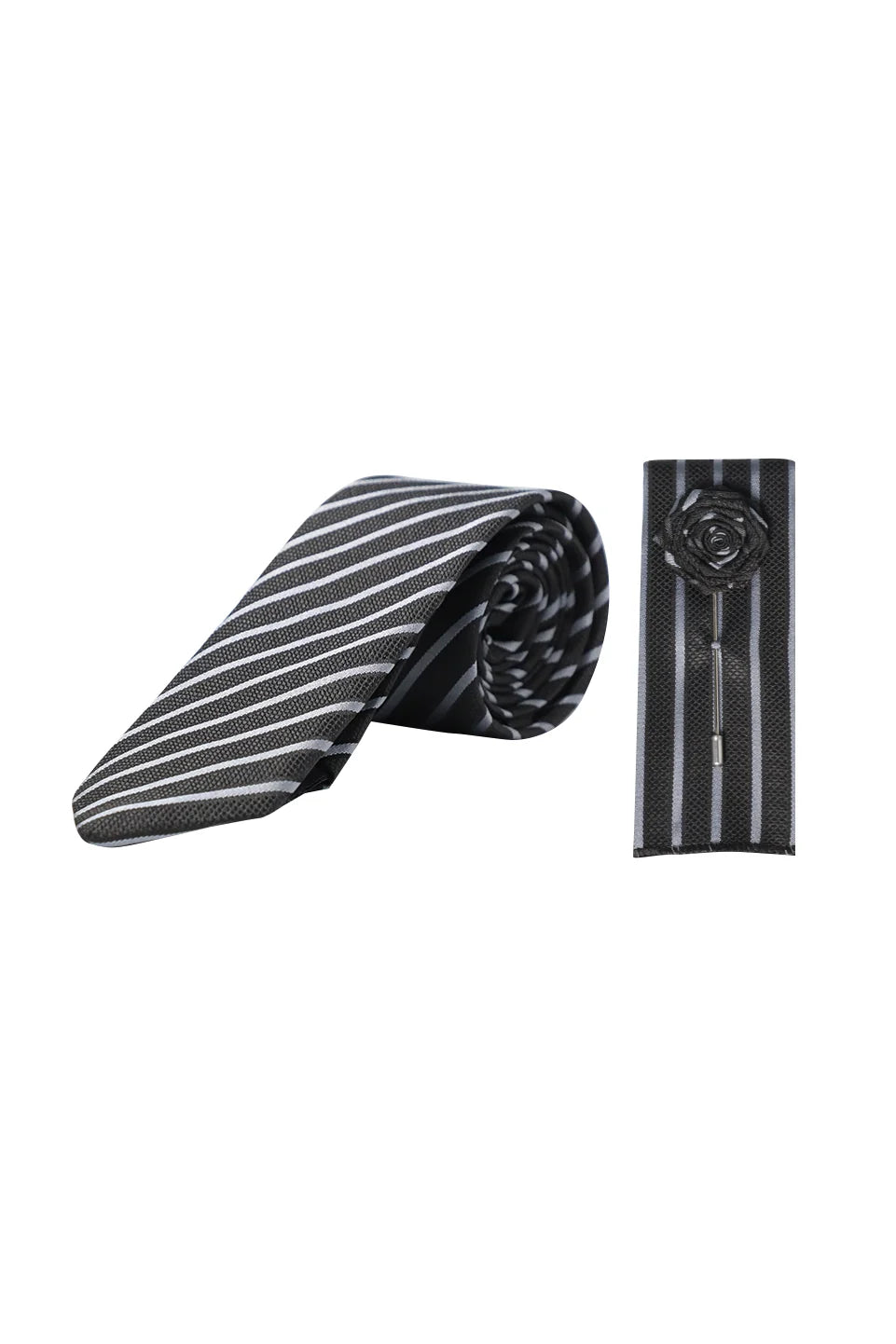 Black Striped Tie With Matching Floral Lapel Pin Set