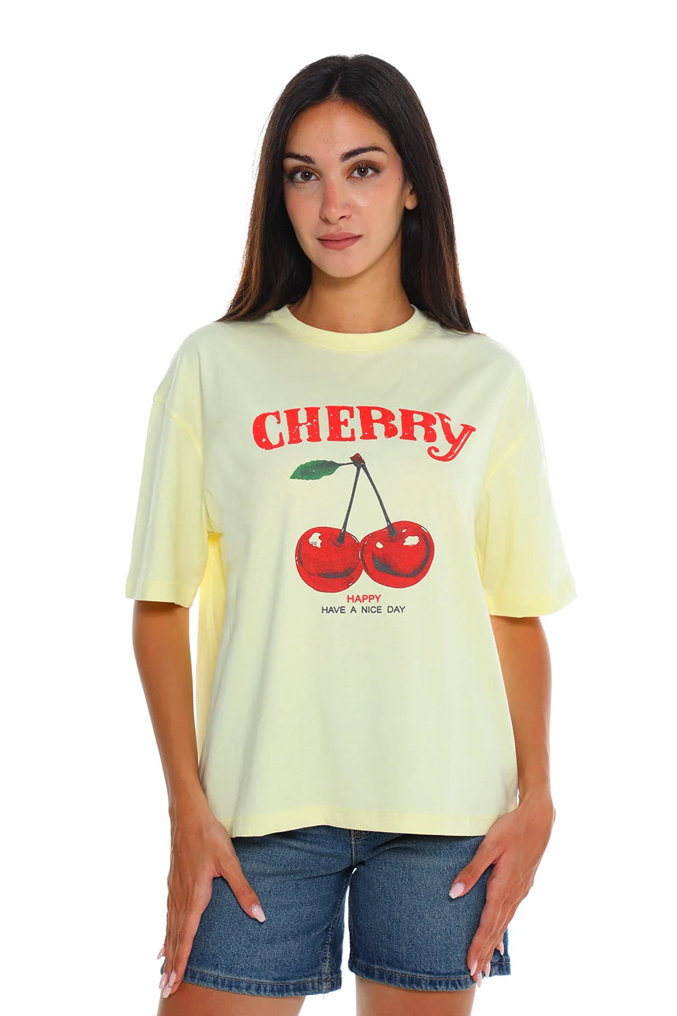 Yellow Cotton T-shirt With Front "Cherry" Design