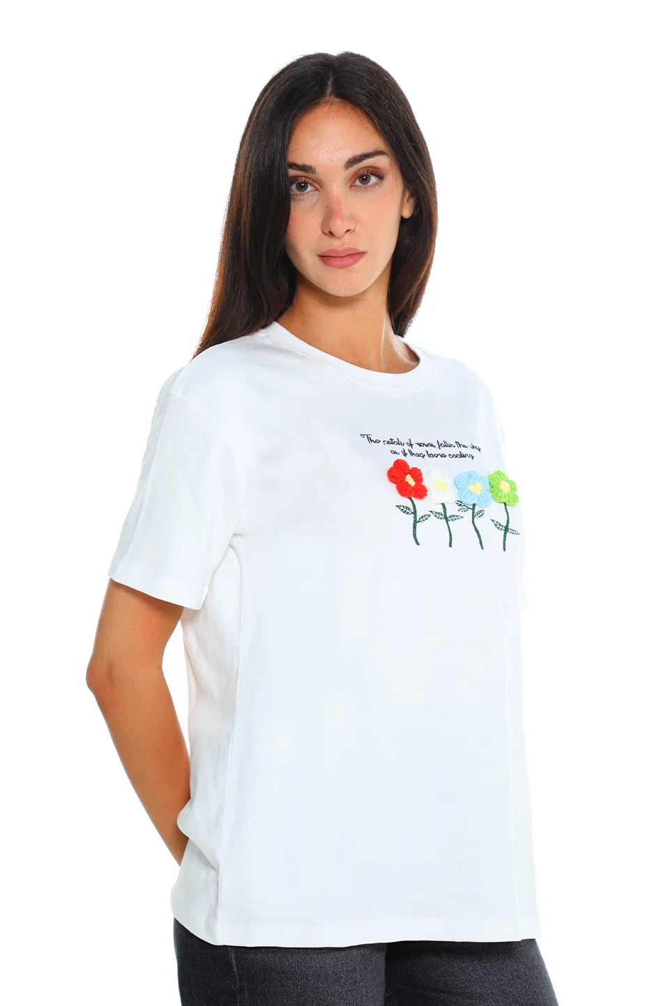 White T-shirt With Flower Front Design