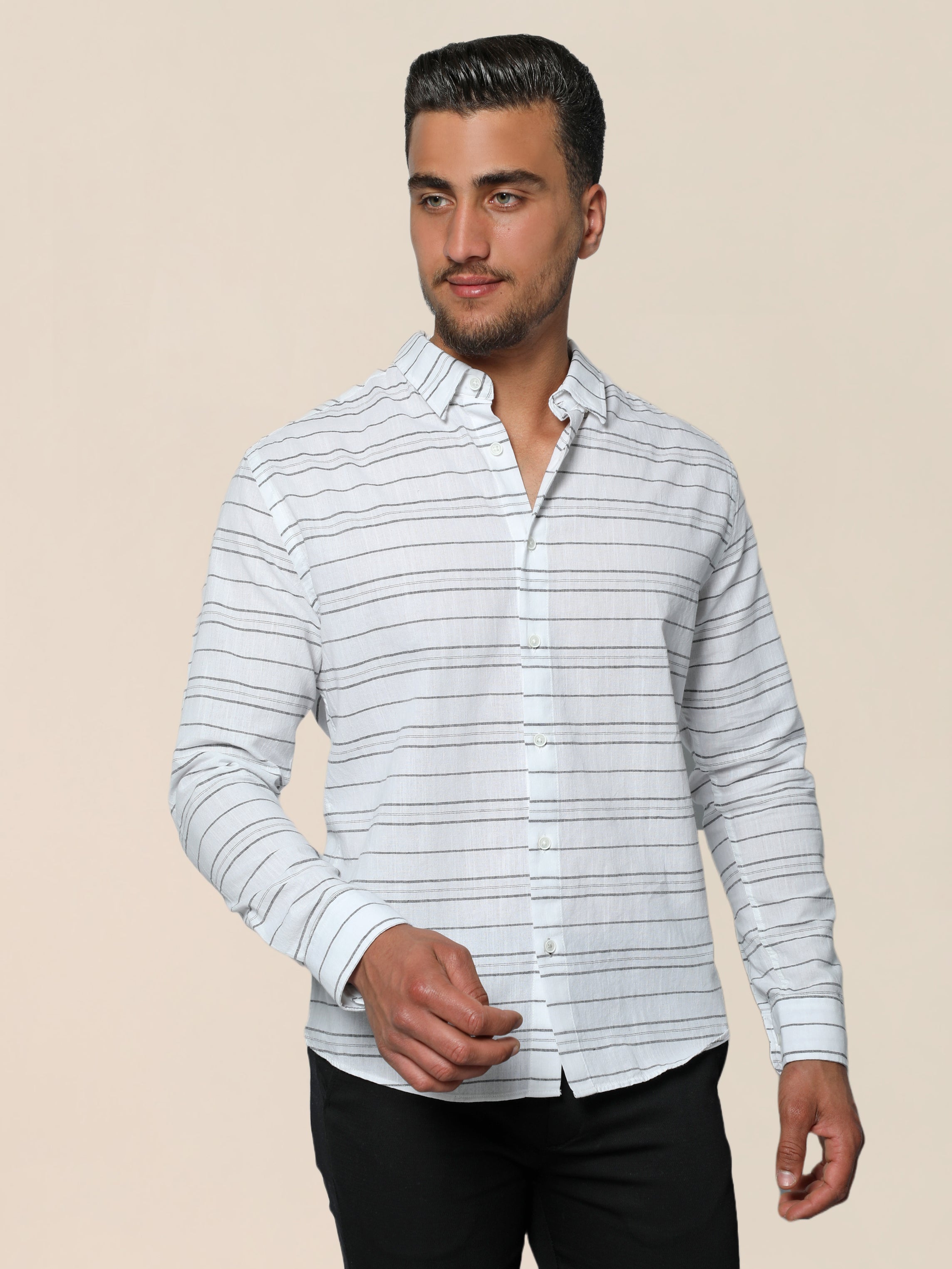 Men White Striped Designed Summer Shirt