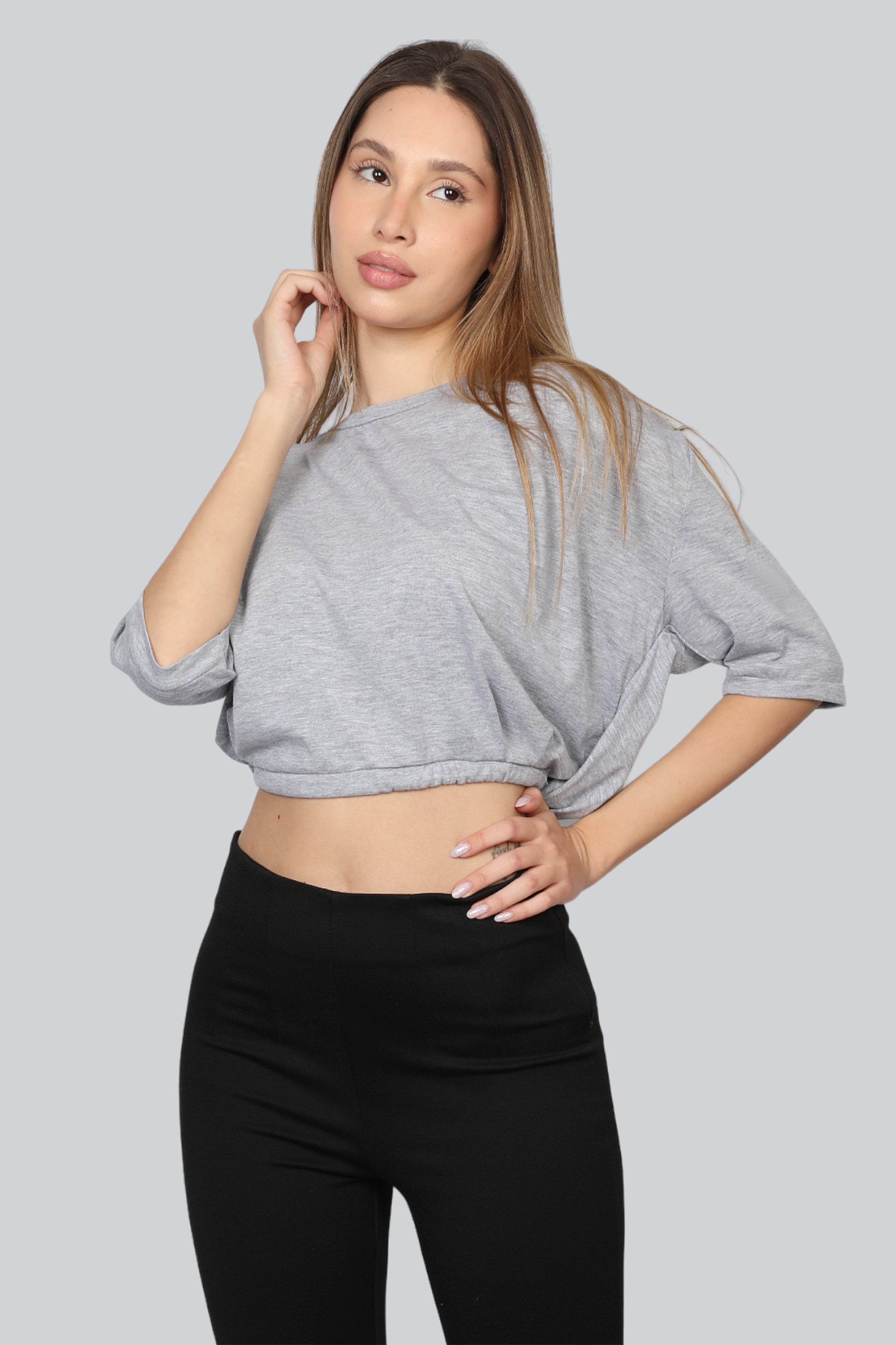 Crop Grey T-shirt Short Sleeves With Tie In Back