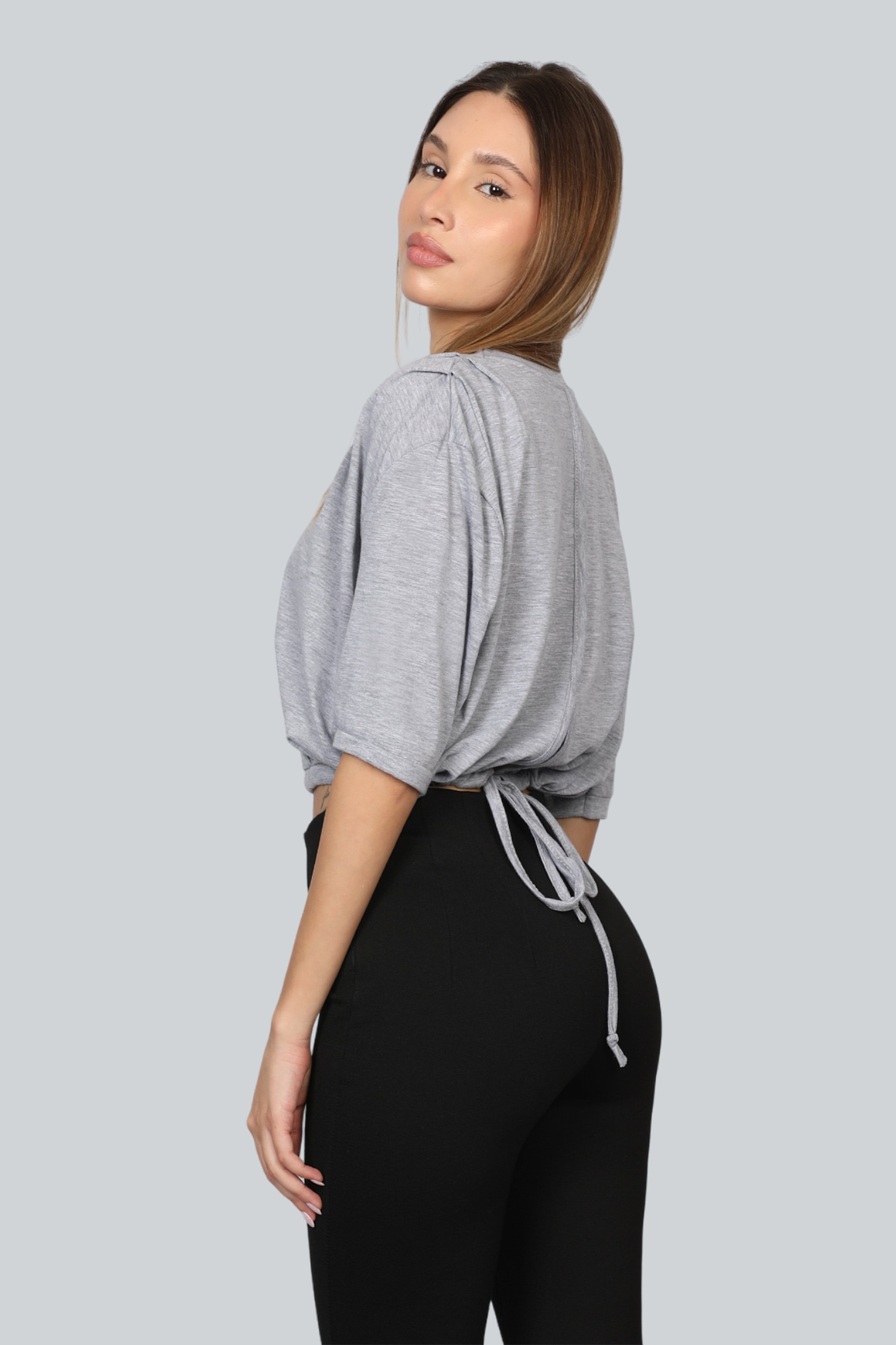 Crop Grey T-shirt Short Sleeves With Tie In Back