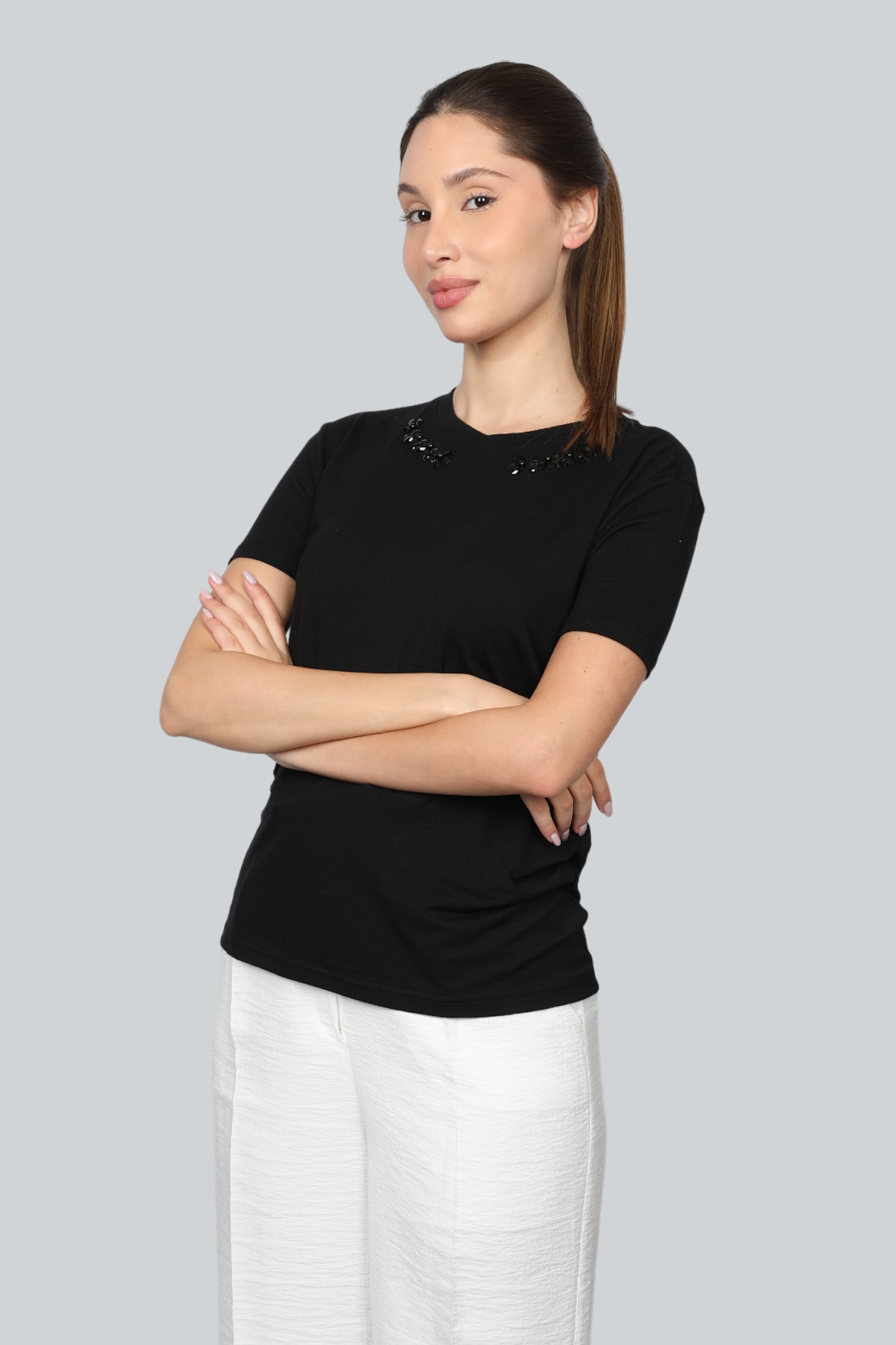 Women Short Sleeves Black Top With Neck Design