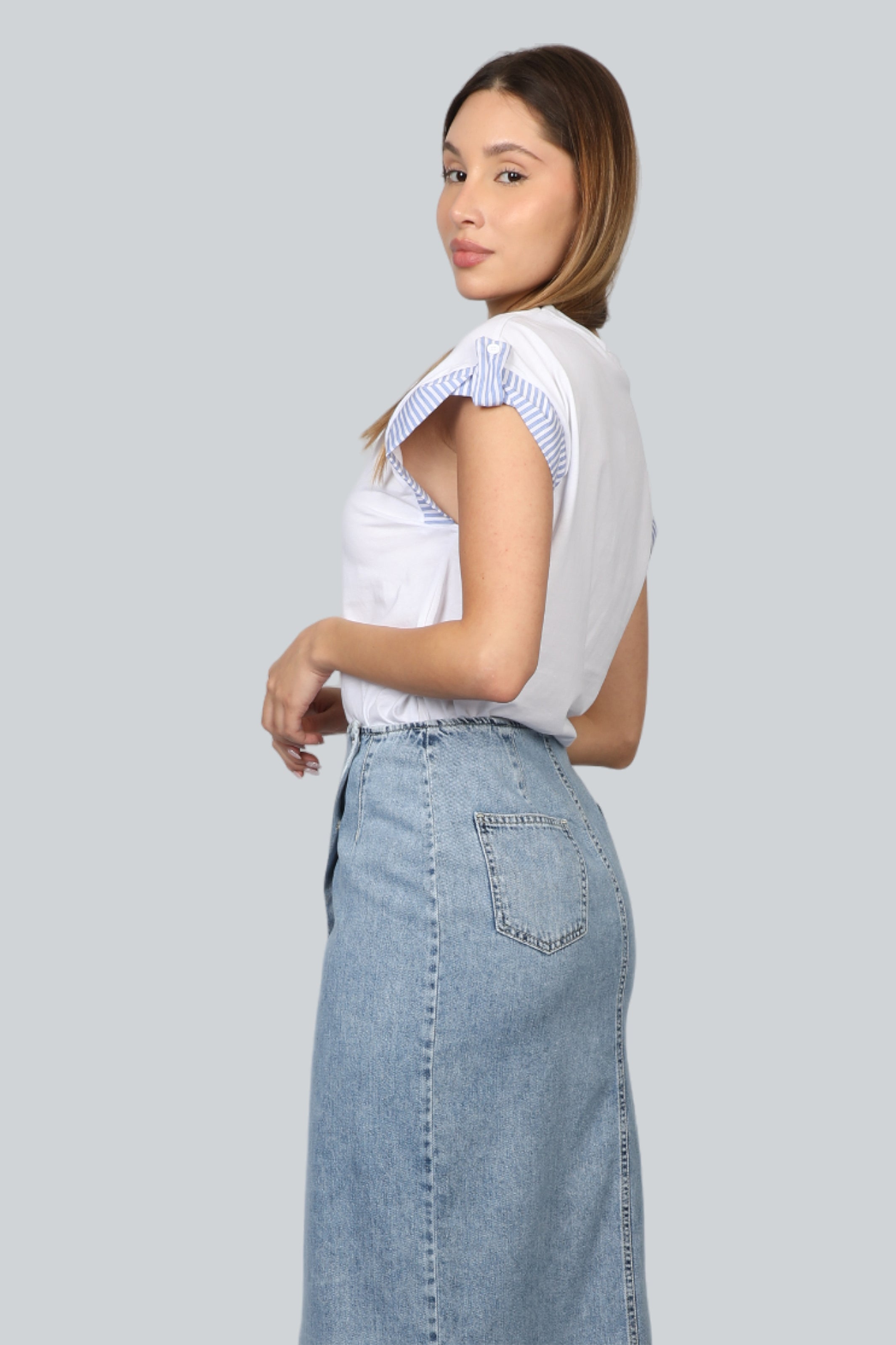 Women White Top With Shoulder Blue Stripe Design