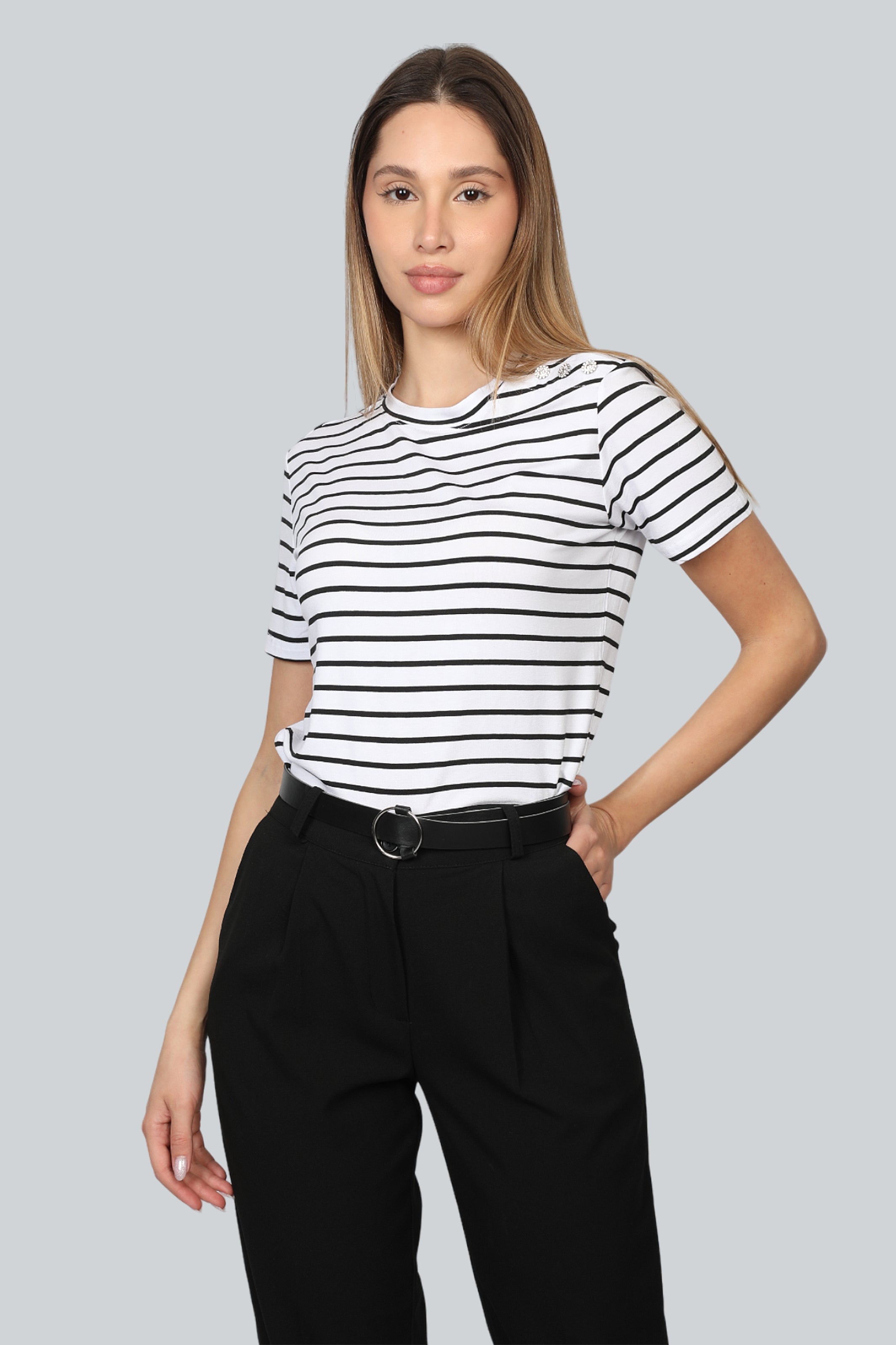 White Striped Top With Shoulder Design