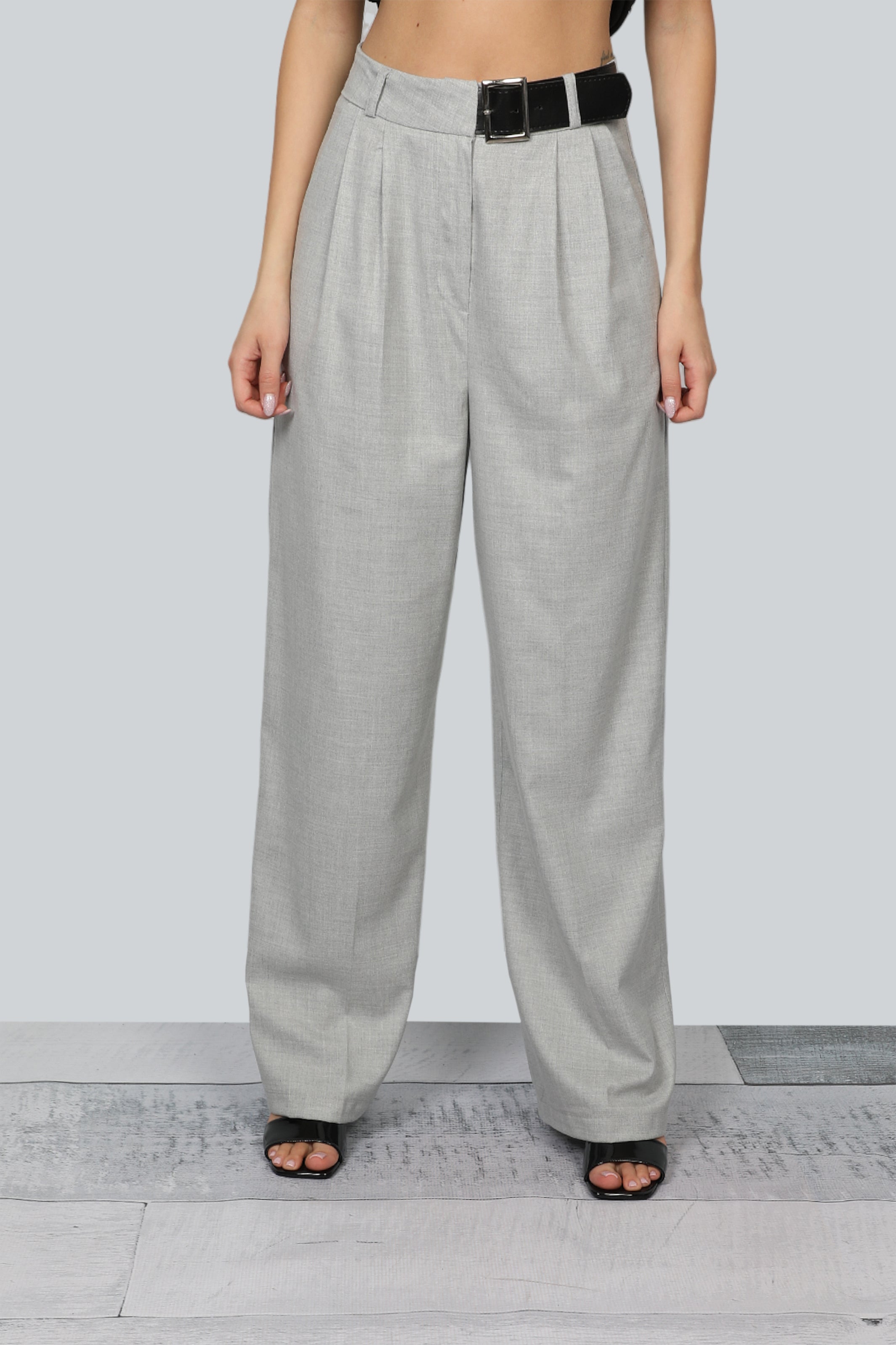 Wide Grey Pants With Side Belt