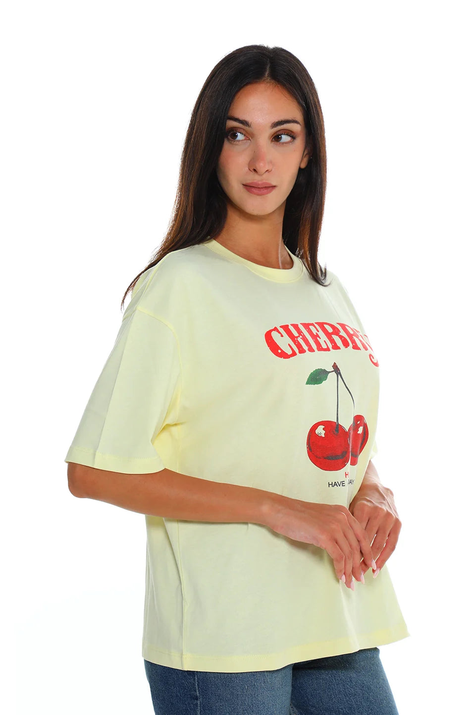 Yellow Cotton T-shirt With Front "Cherry" Design