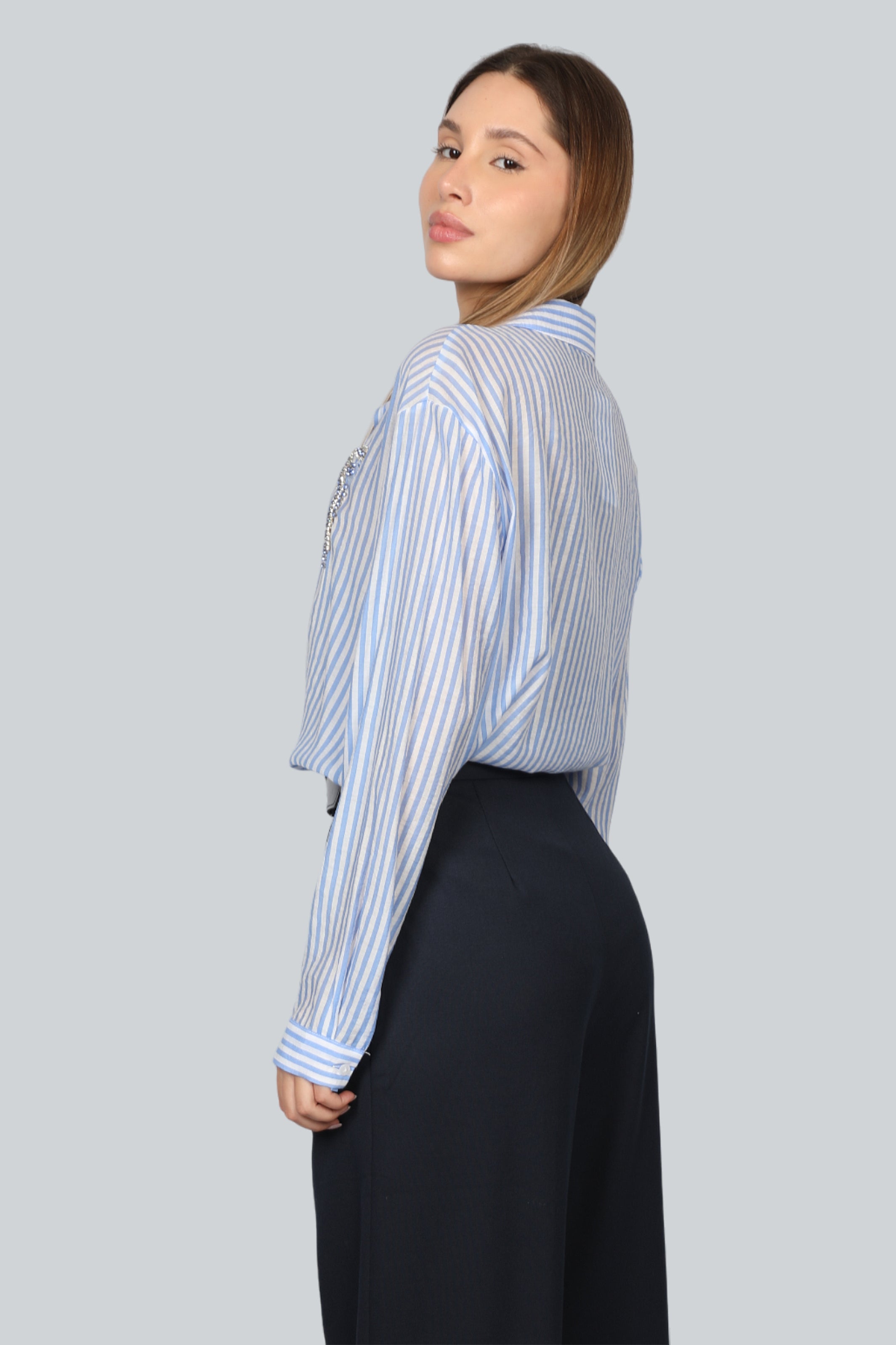 Blue Classy Stripe Shirt Long Sleeves With Pins