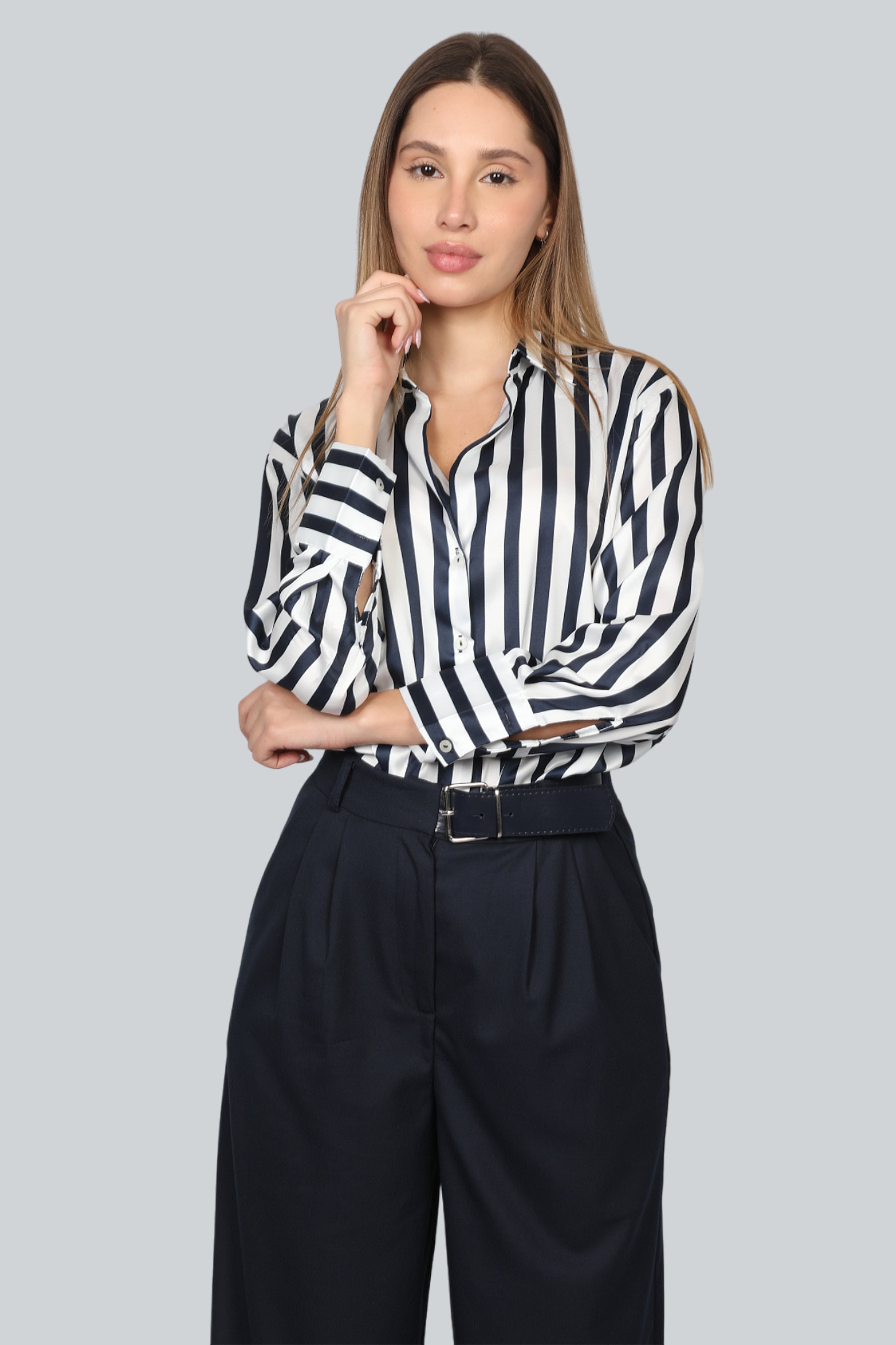 Black Long Sleeve Stripe Satin Shirt