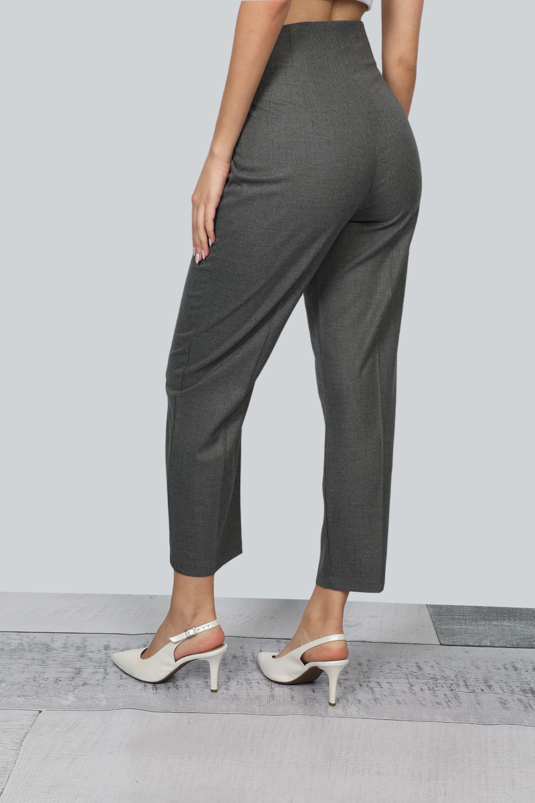 Dark Grey Women Pants Regular Fit With Button Belt Design