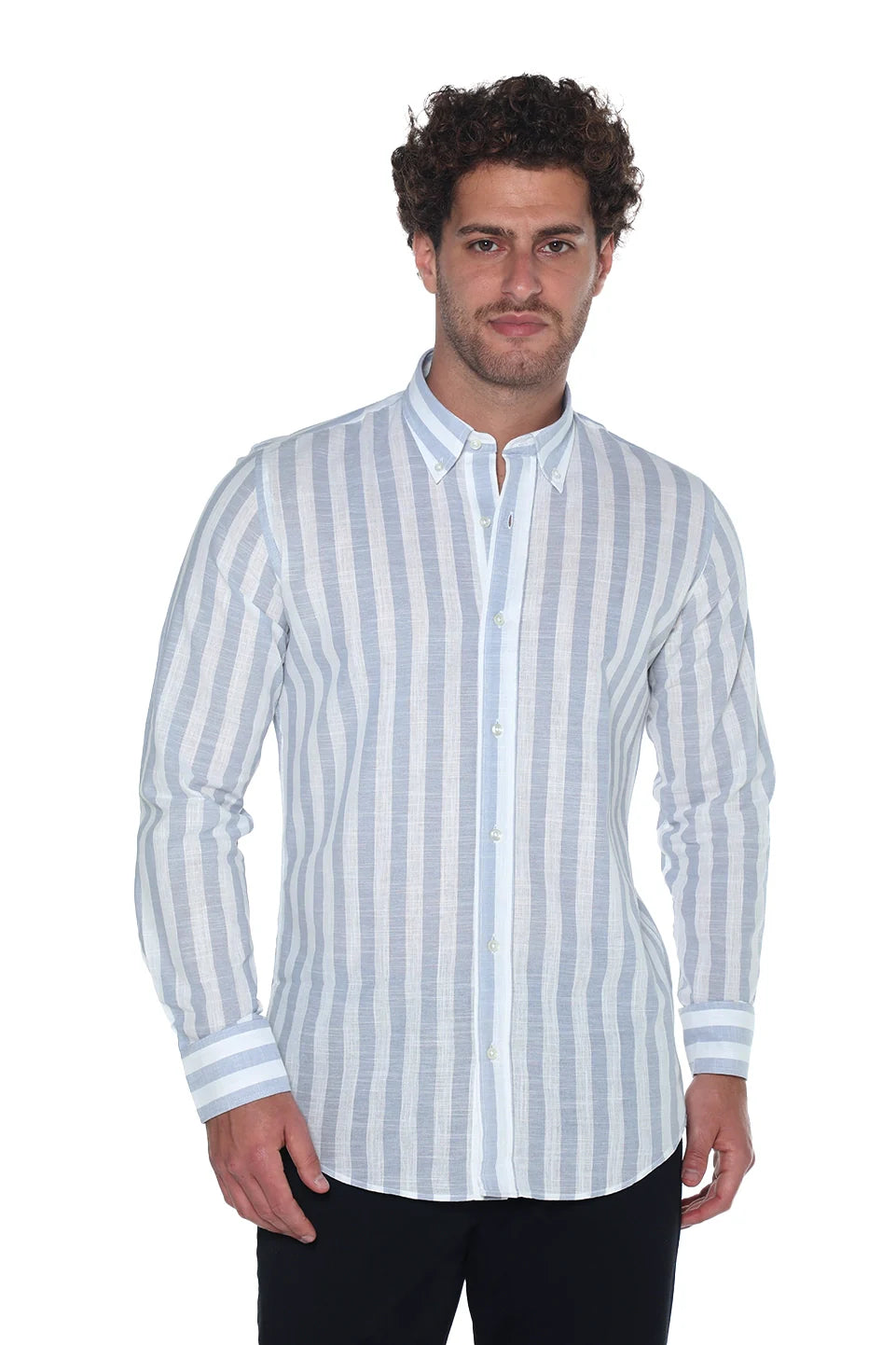 Long Sleeved Striped Linen Light Blue Shirt