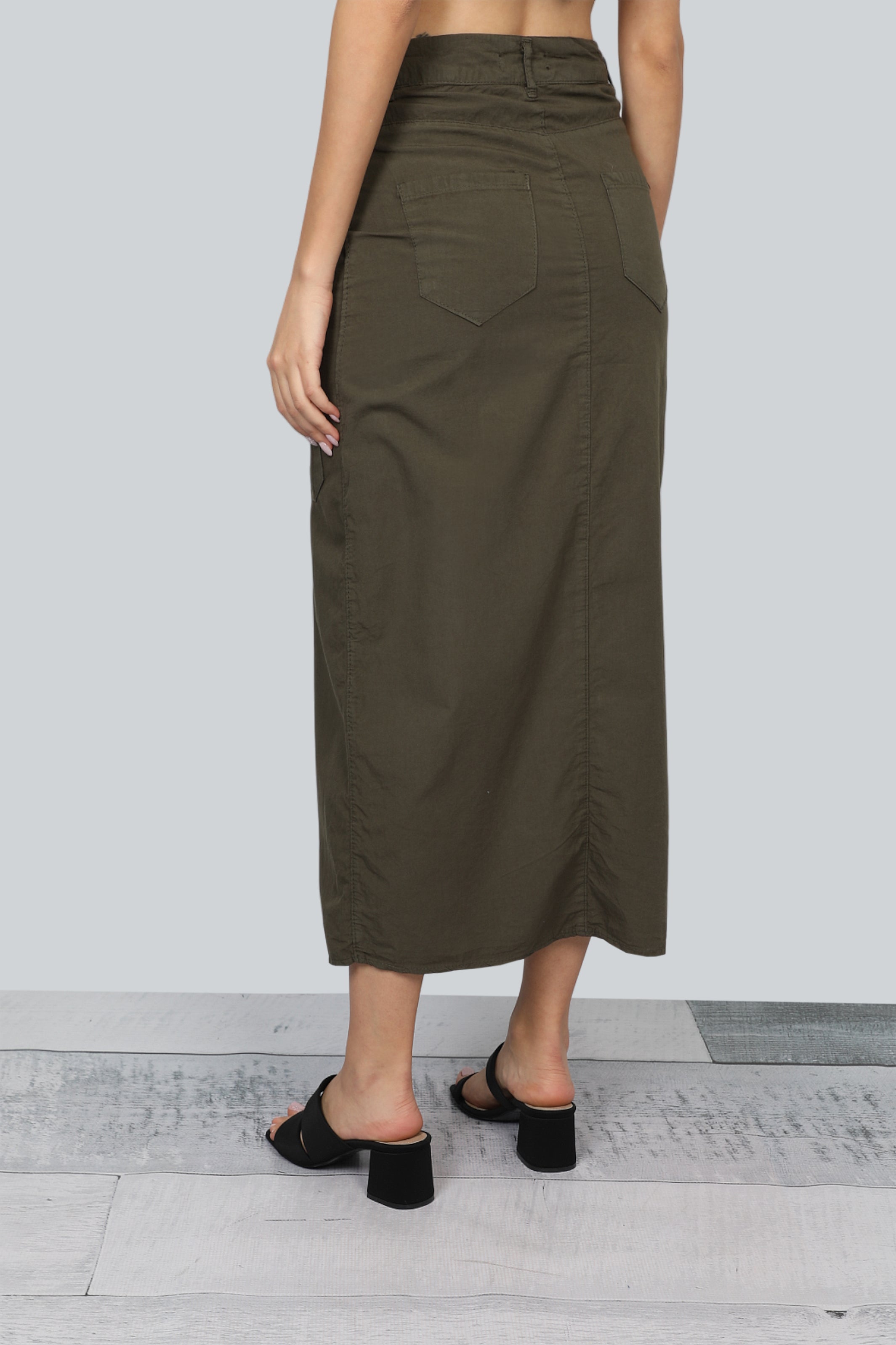 Olive Long Casual Skirt With Pockets