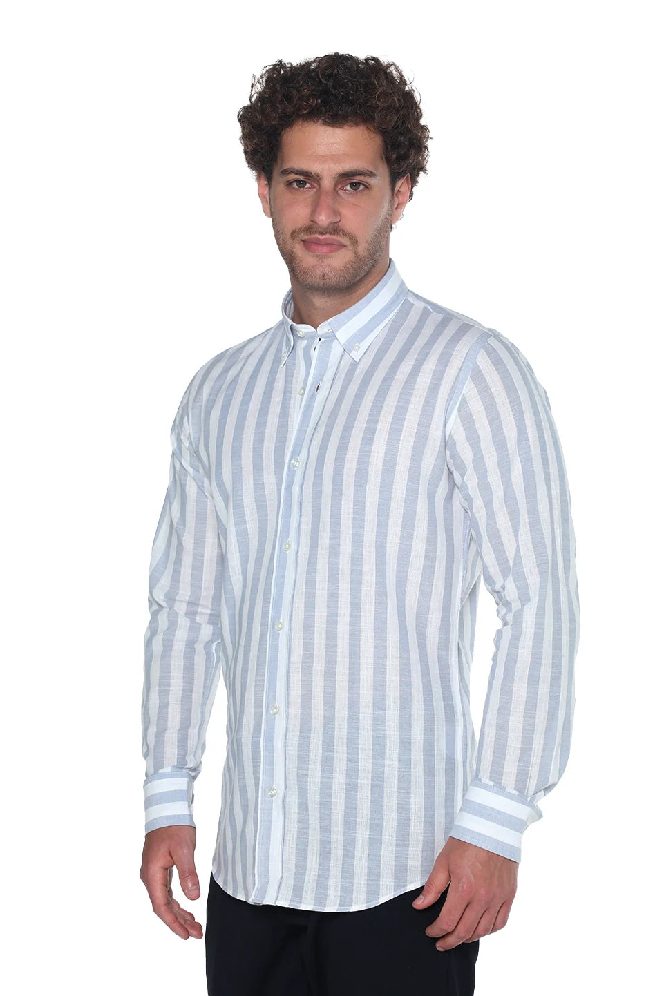 Long Sleeved Striped Linen Light Blue Shirt