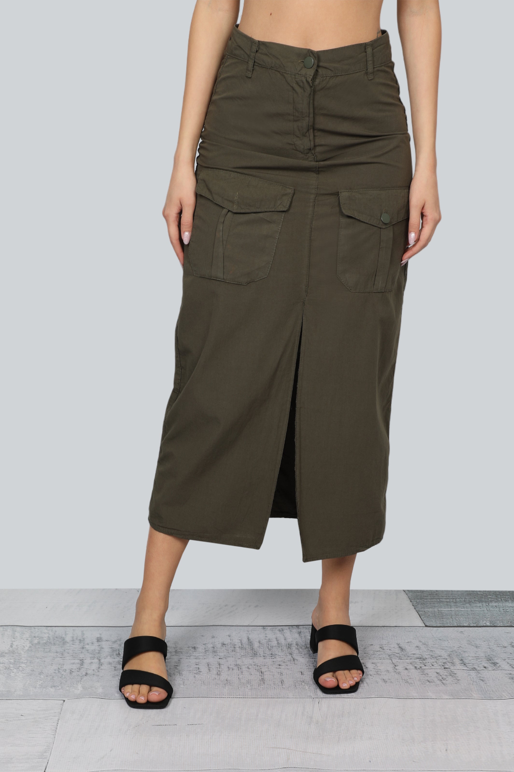 Olive Long Casual Skirt With Pockets