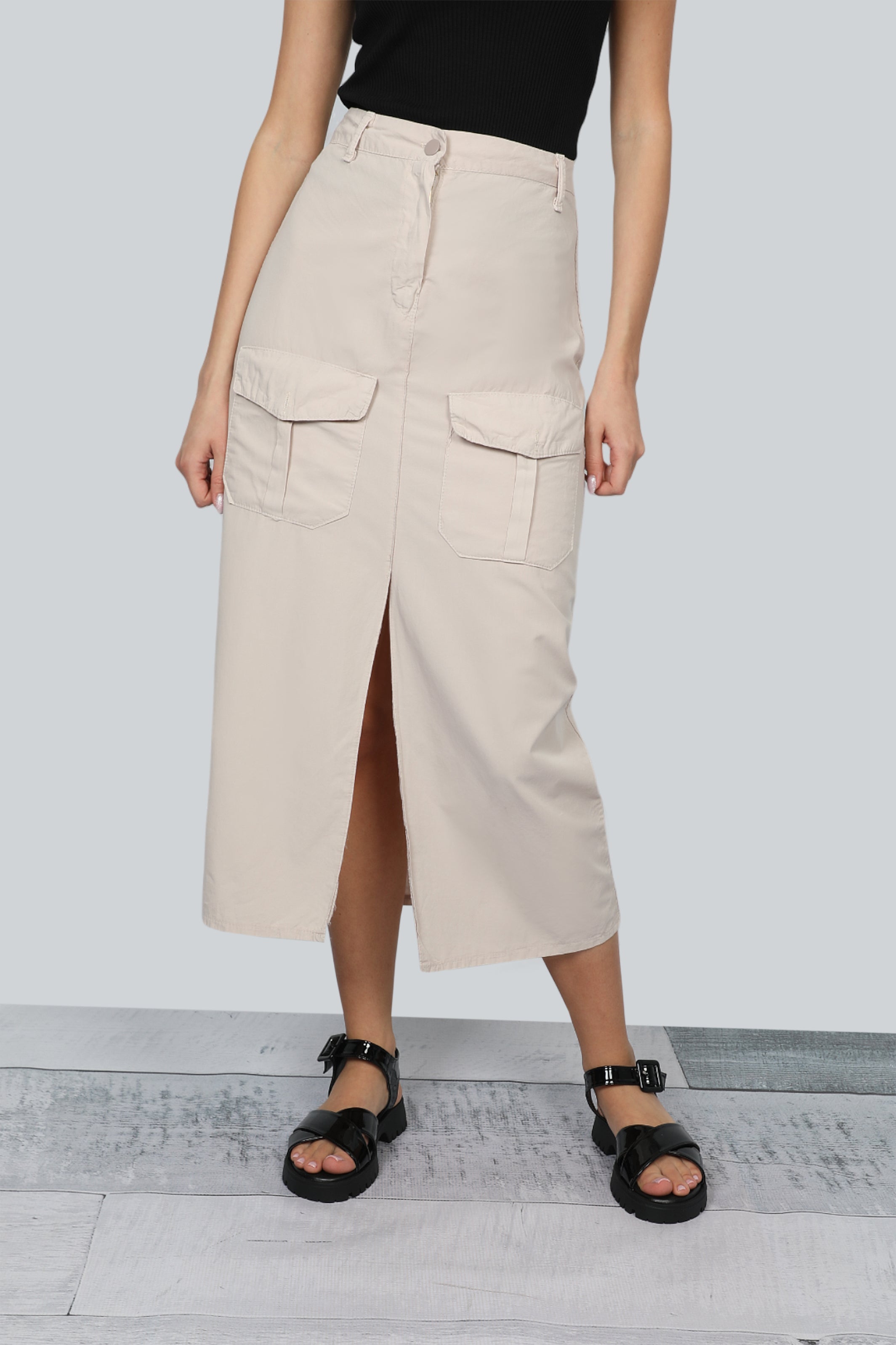 Beige Long Casual Skirt With Pockets