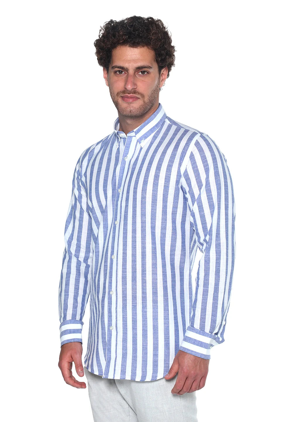 Long Sleeved Striped Linen Blue Shirt