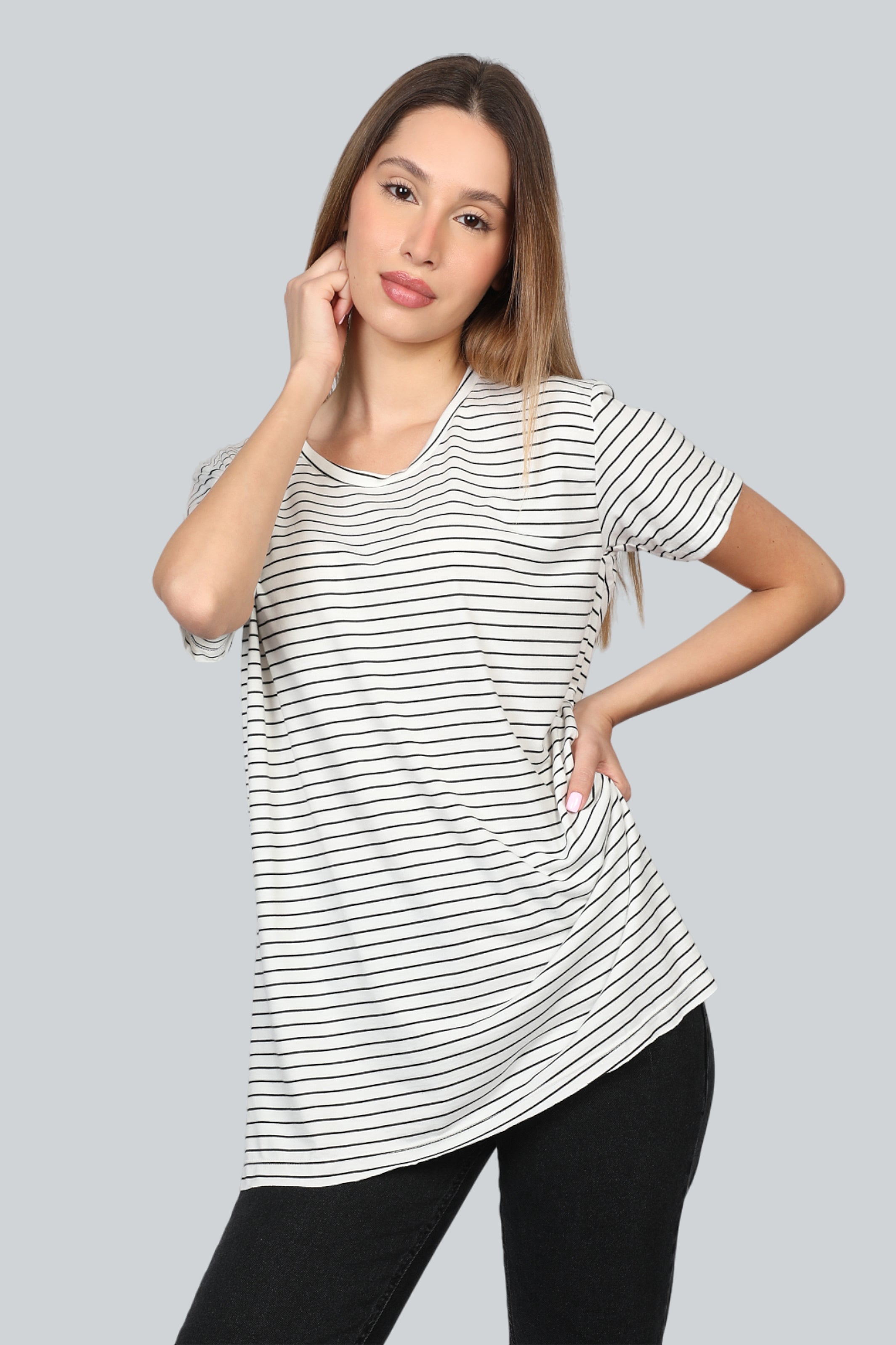 White Oversize Stripe T-shirt With Open Side