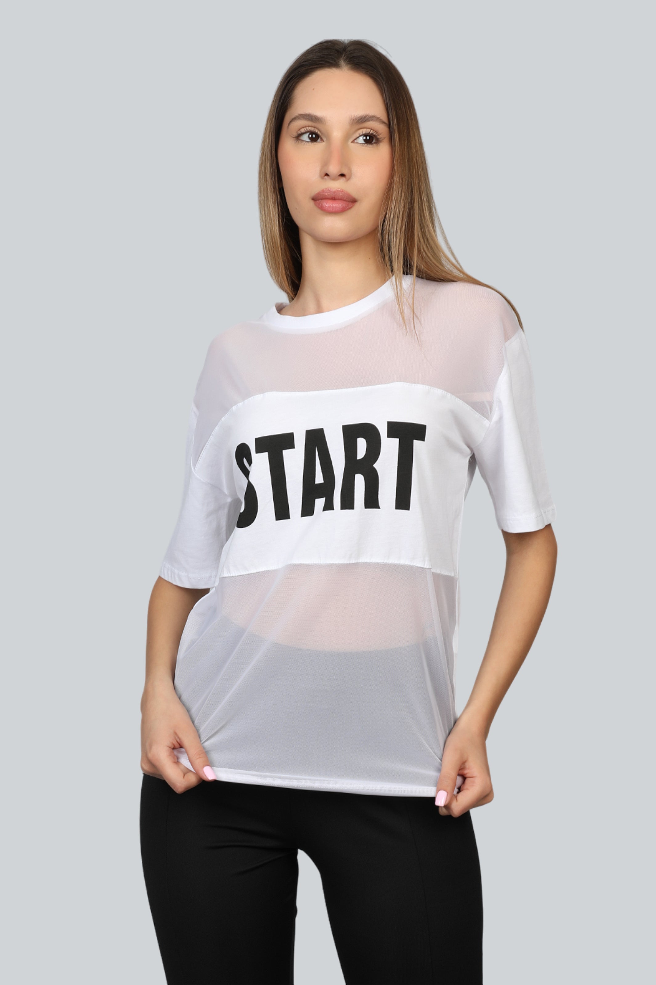 Women White T-shirt See Throw With "Start" Front Logo