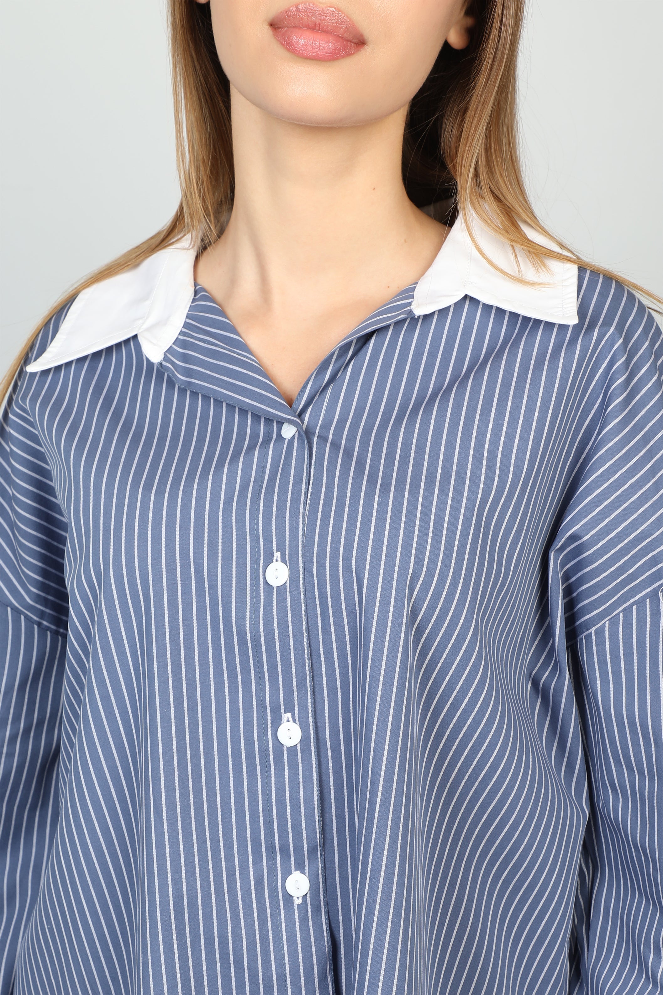 Dark Blue Oversize Stripe Shirt With With Collar