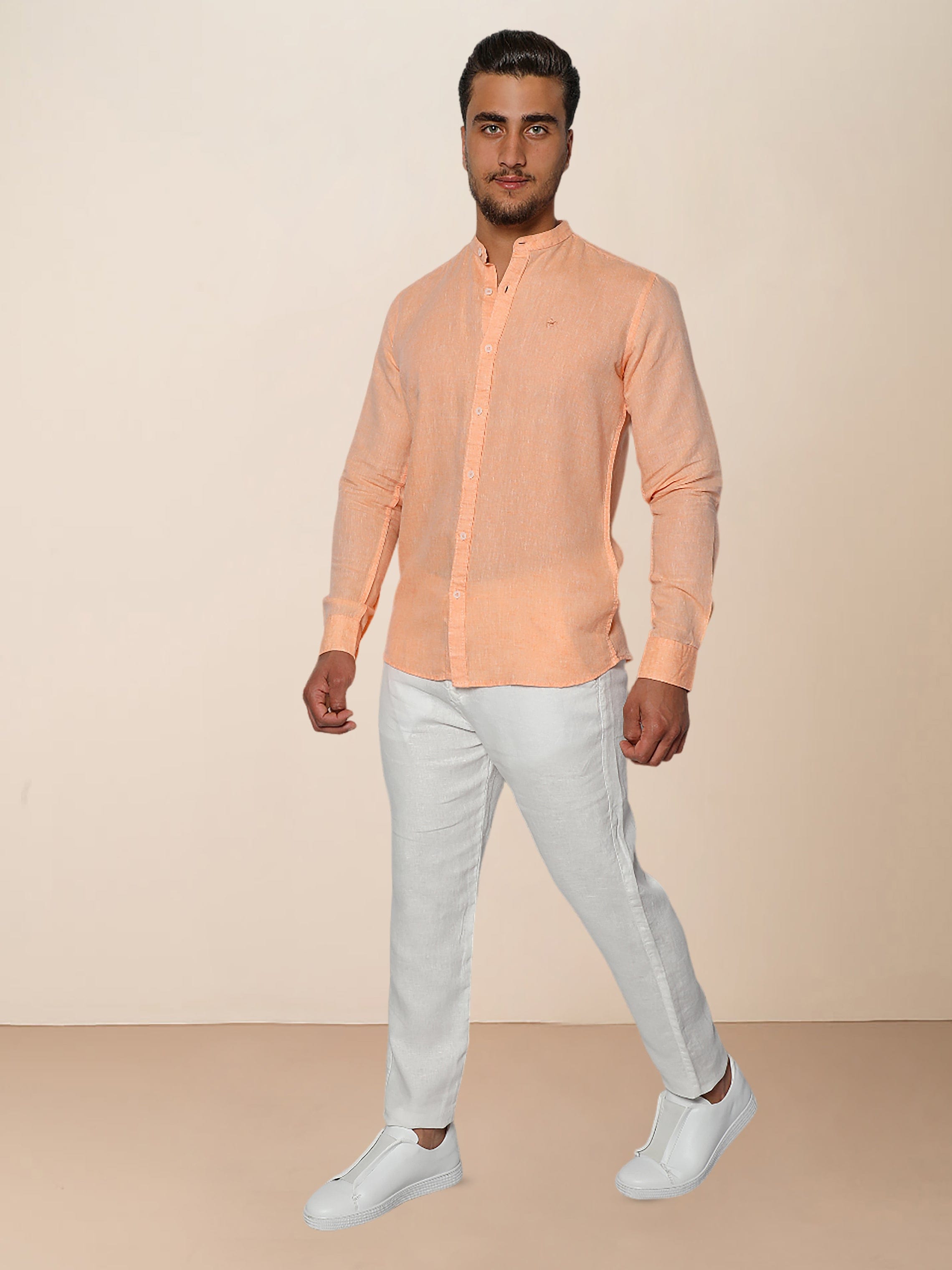 Men Orange Casual Linen Shirt With Chest Contrast Emblem