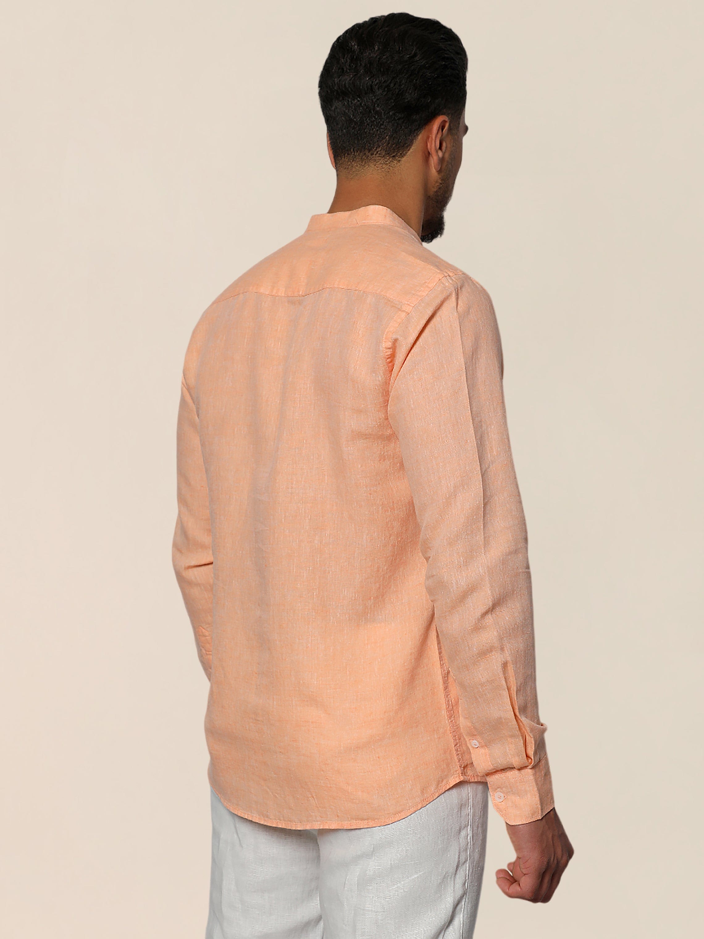 Men Orange Casual Linen Shirt With Chest Contrast Emblem