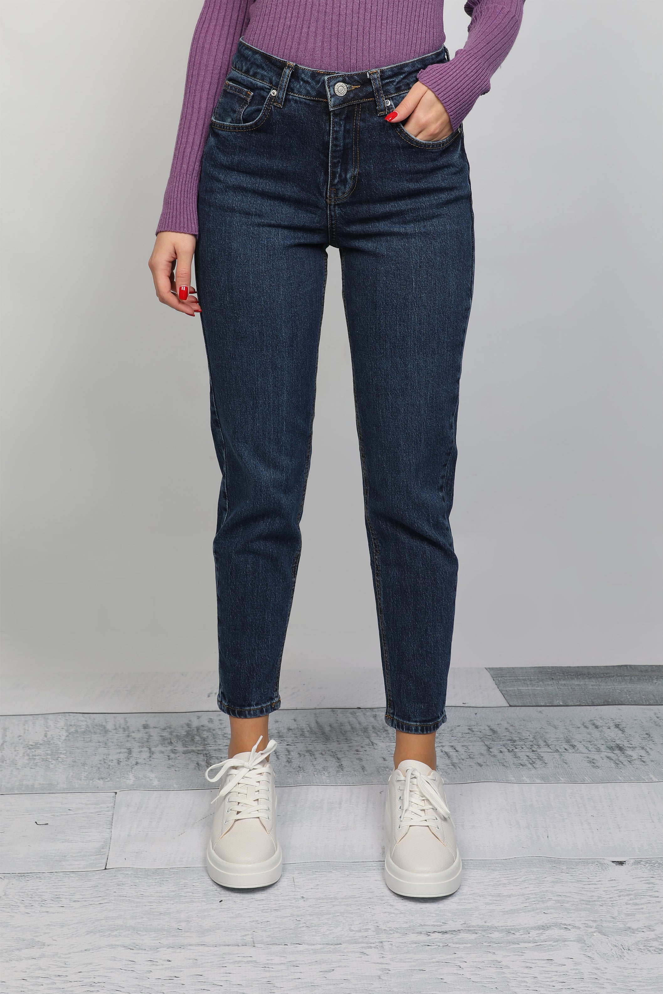 Women Mom-Fit Dark Blue Jeans