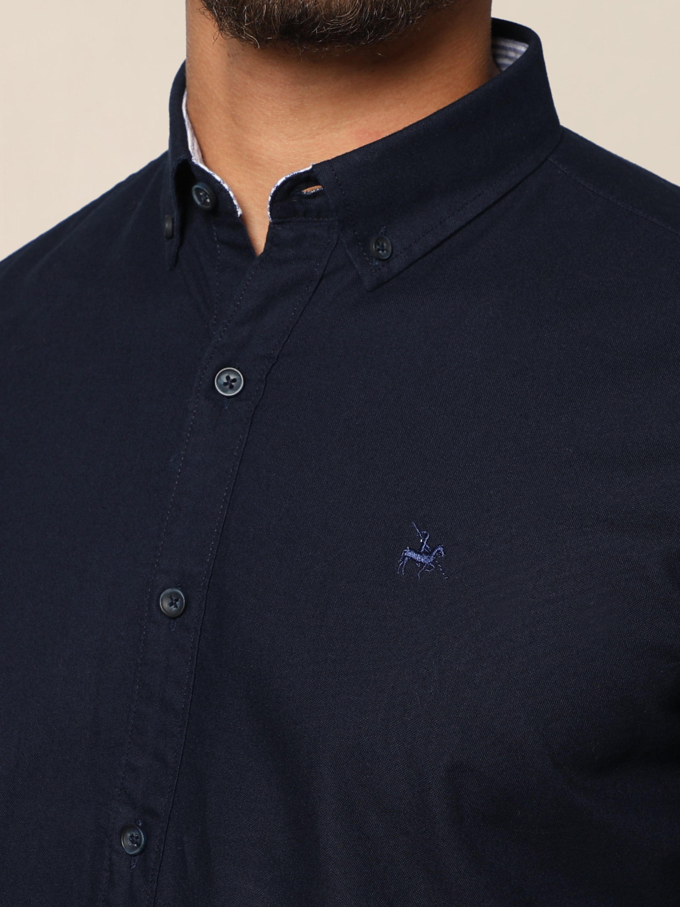 Men Navy Oxford Shirt With Chest Contrast Emblem Design