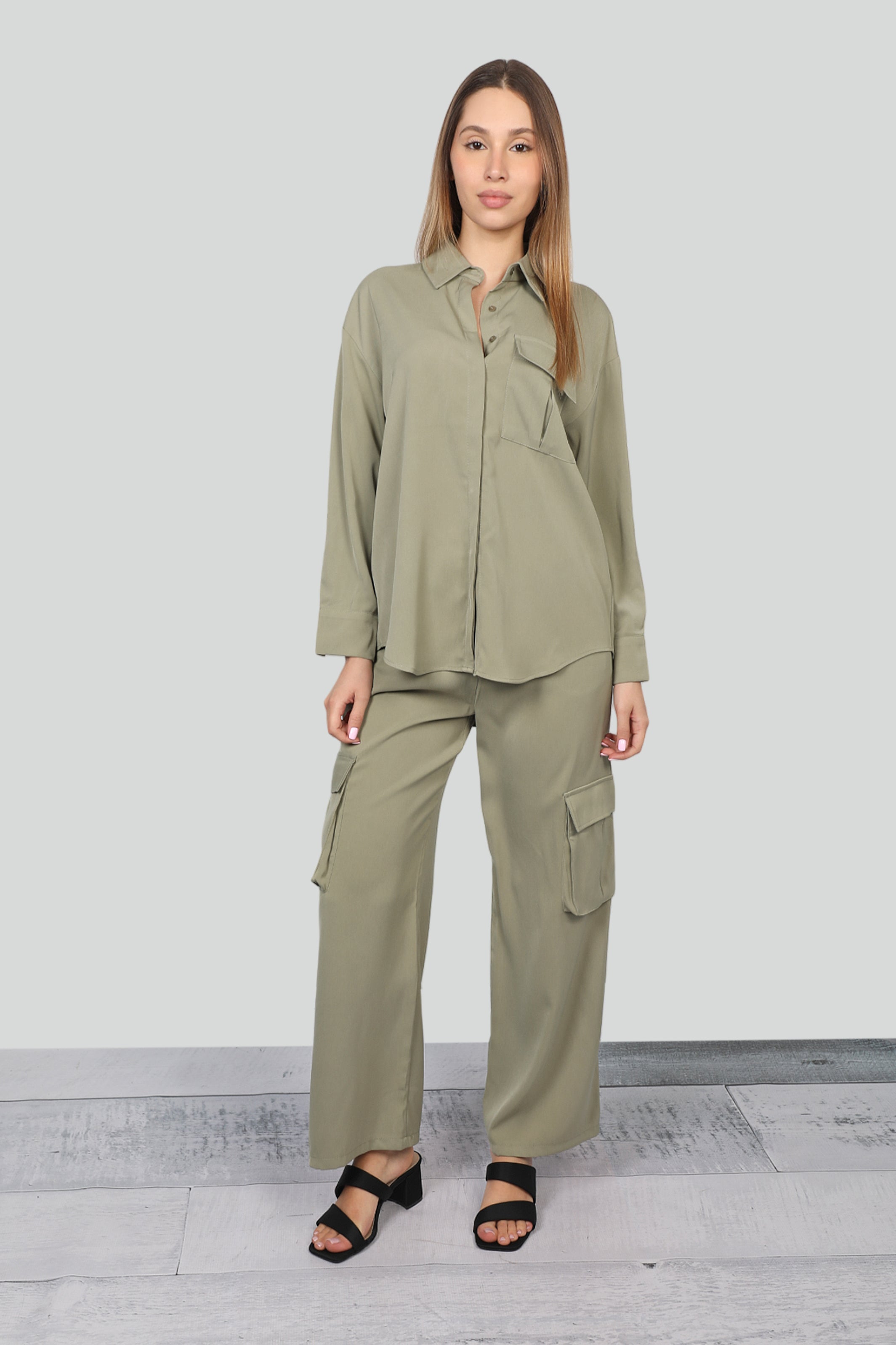 Olive Cargo Pants Set With Long Sleeves Shirts